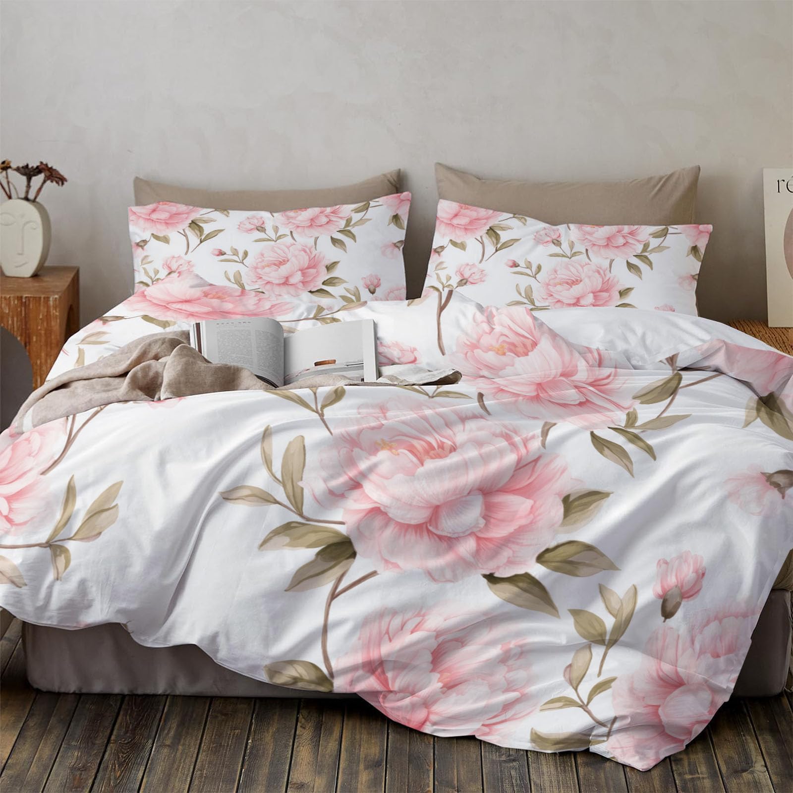 Housse de couette pivoine parure de lit enfant fleurs feuilles vertes rose