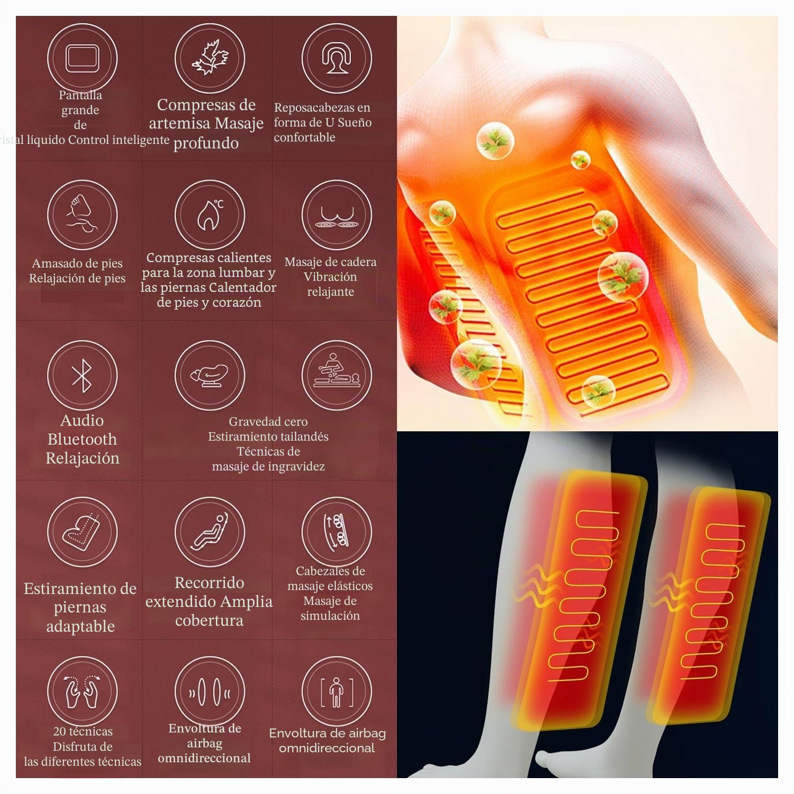 Sillón De Masaje De Espalda con Suspensión Y Gravedad Cero, con Masaje De Acupresión, Función De Calefacción, Detección Corporal Y Estiramiento De Pantorrillas(Gold)