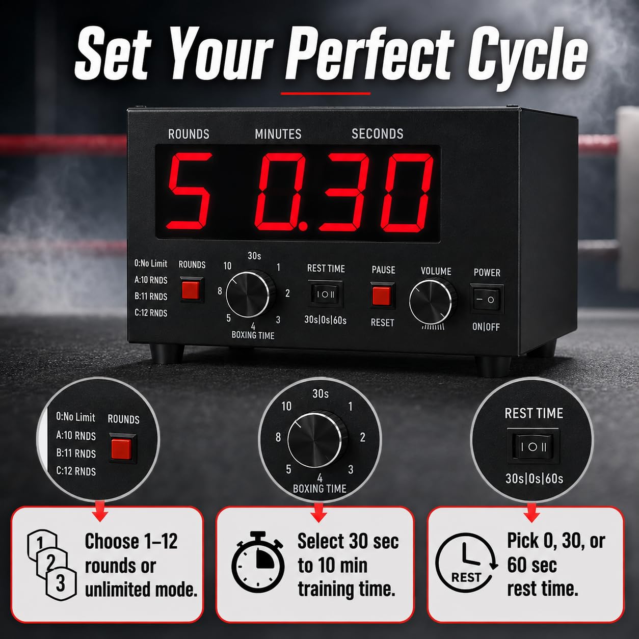 Timer intervallo di boxe portatile, 1-12 o round illimitati | Display a LED timer intervallo palestra, conto alla rovescia e avvisi cicalino, boxe e MMA(red)