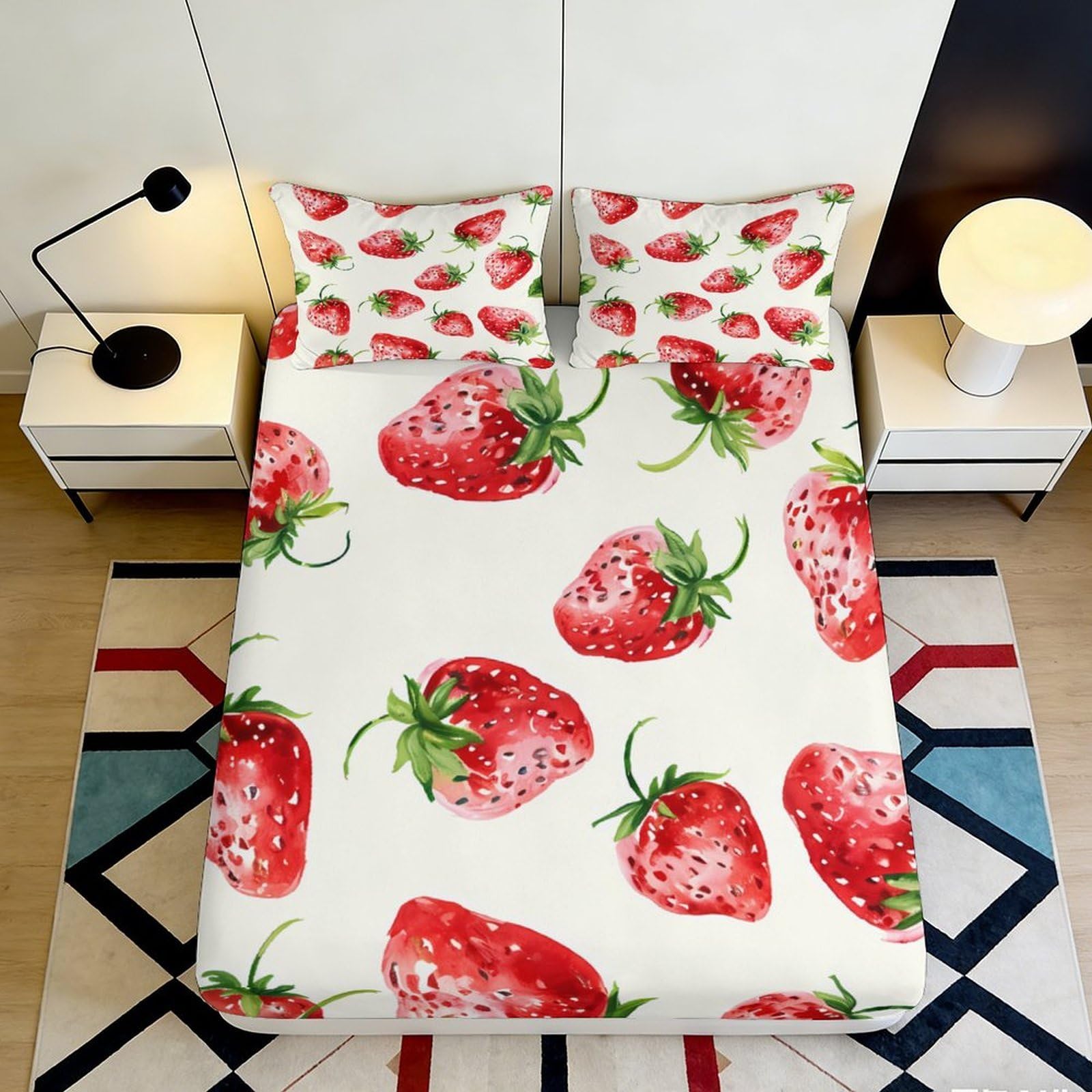 3D Printed Strawberry Fitted Sheet Microfiber Soft Breathable Red Berry Bed Cover for Bedroom Dormitory Guest Room Mattress Protection Decor 160x200x25cm