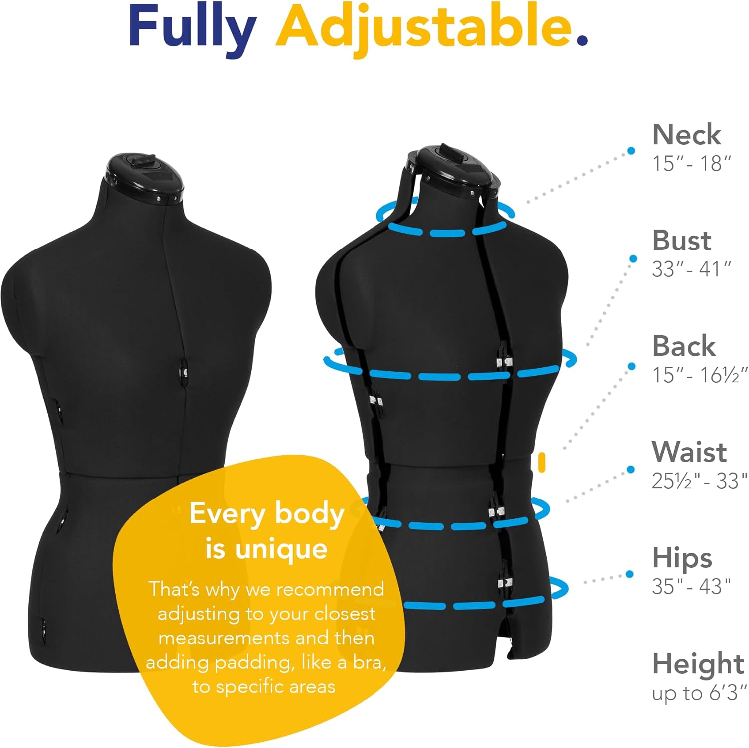 Sew Simple FG306 Adjustable Dress Form Black S-M (US Dress Size 4-12) 8 Part Female Sewing Mannequin + Pin Grip Hem Marker