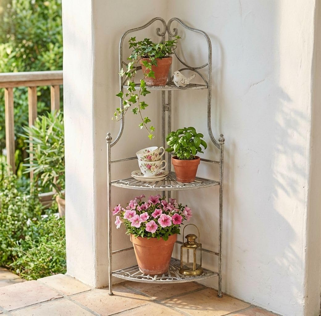 milani home - scaffale angolare 3 ripiani in ferro, bianco ossidato, stile shabby chic, per interno, veranda e portico coperto