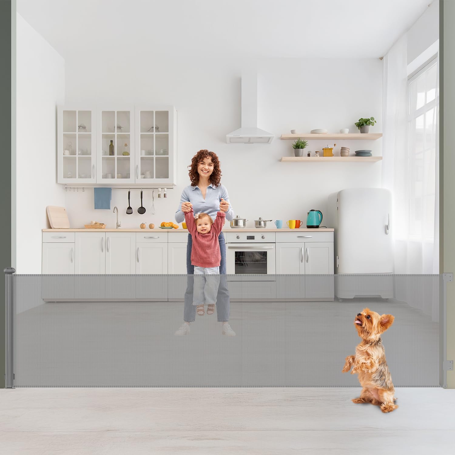 190 Inches Wide Retractable Baby Gates for Stairs with Double Lock System, Durable, Multi-Use, Retractable Dog Gate for Doorways & Hallways, Indoor/Outdoor Safety Gate for Kids & Dogs (Gray)