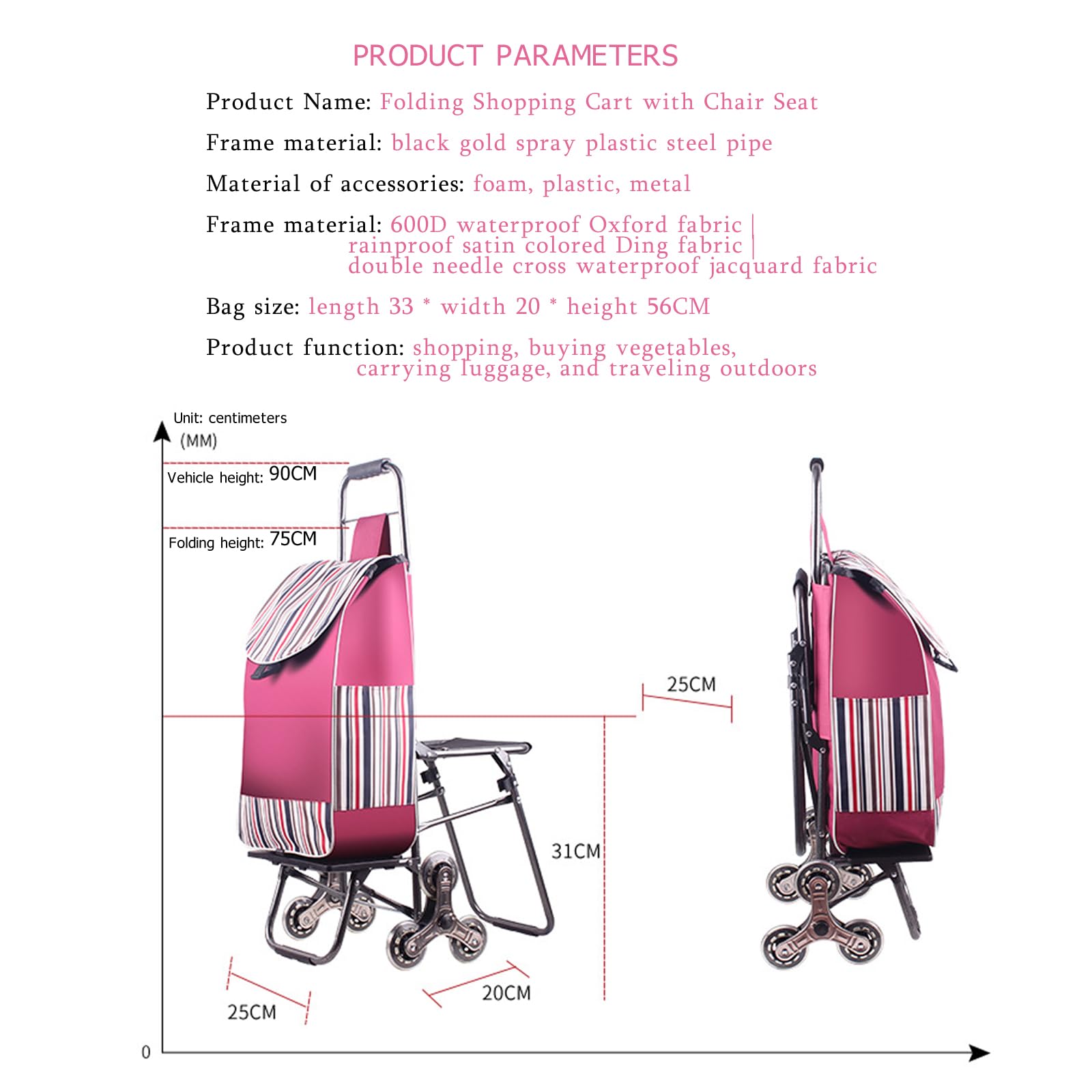 Carrello per la spesa pieghevole con sedile e copertura impermeabile, con 6 ruote in gomma, pieghevole e portatile