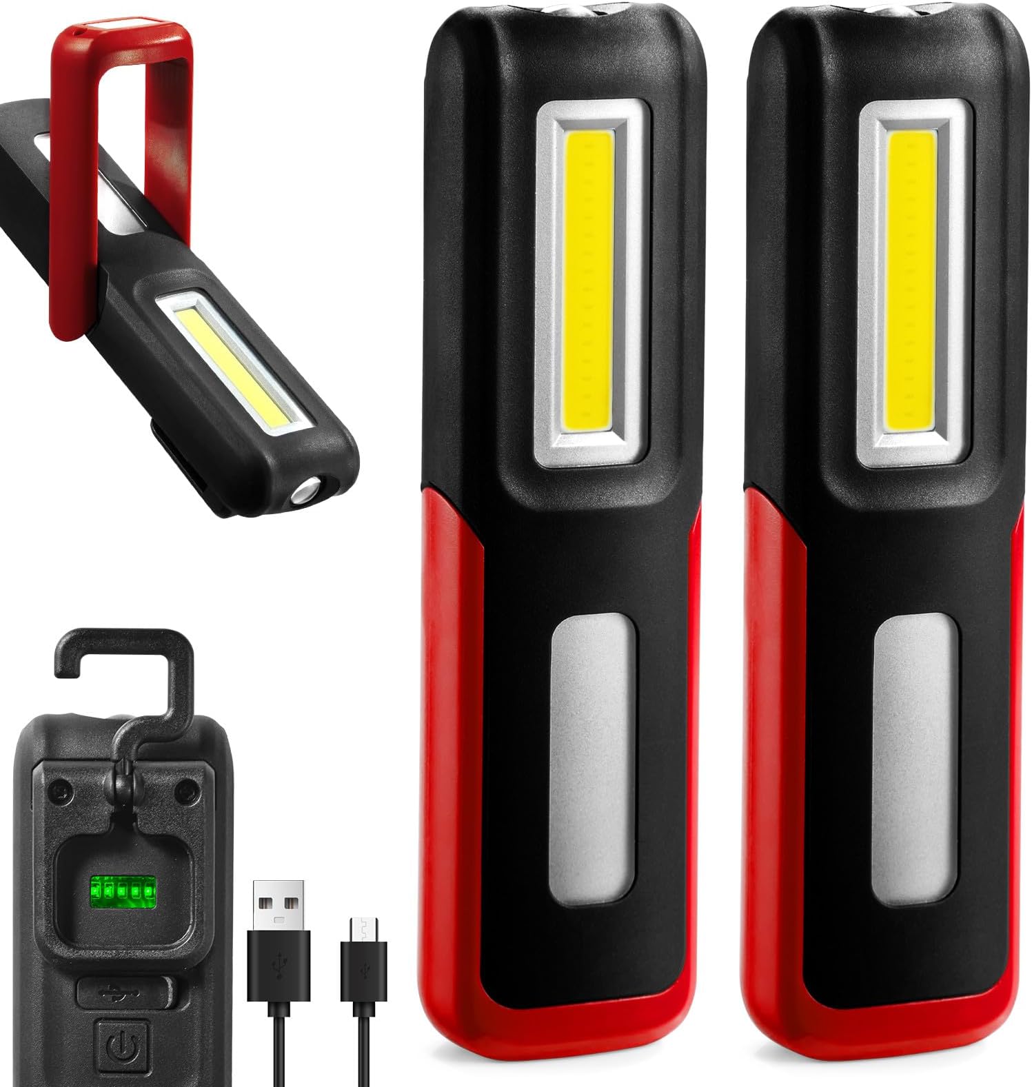2 PCS Rechargeable LED Flashlight Magnetic Light, Portable Work Light Trouble Lights Lamp for Mechanics, Compact Reliable and Super Bright Flash Light for Tool Gifts for Men(Red)