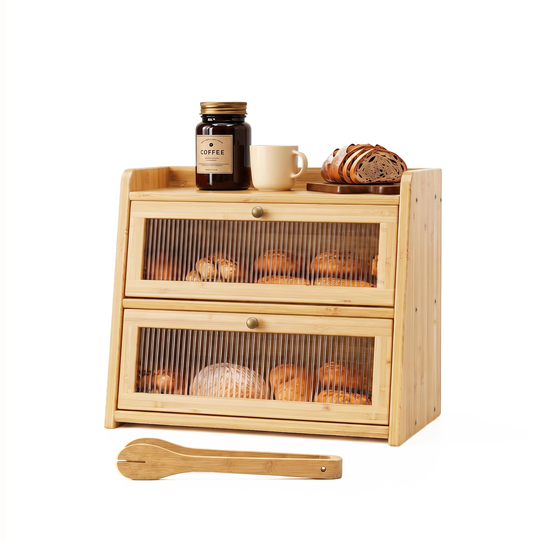 Panera grande de bambú de doble capa para encimera de cocina, contenedor de almacenamiento de pan de madera de gran capacidad con ventana para pan (bambú natural)