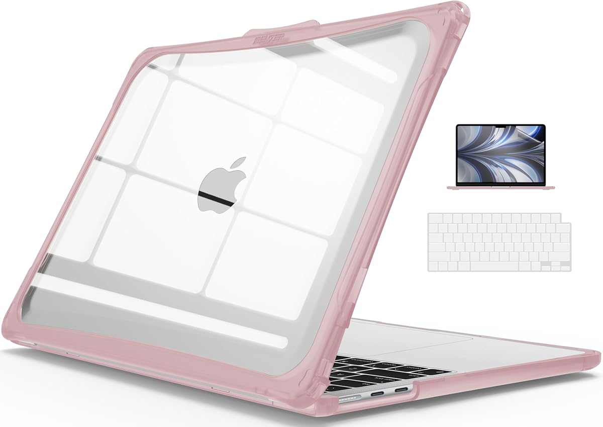 IBENZER Hexpact Compatible with 2025 2024 2023 2022 MacBook Air 13 inch Case M4 A3240 M3 A3113 M2 A2681, Heavy Duty Case & KeyboardCover & ScreenFilm for Mac Air 13.6, Pinkish, HPE-KK-PKSH+2