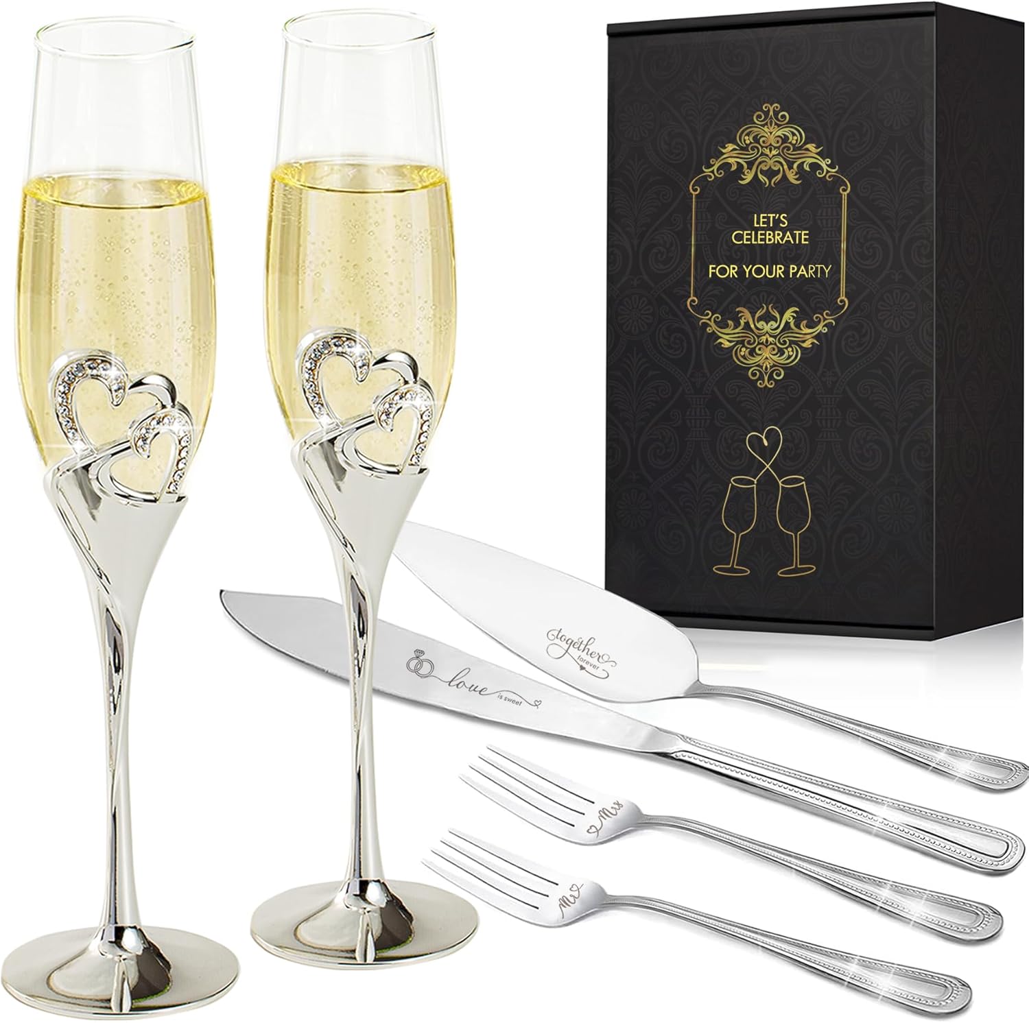 Wedding Cake Knife and Server Set with Forks, Classical Style Champagne Flutes Toasting Glasses for Bride and Groom, Wedding Gifts for Couples, Bridal Shower Gifts