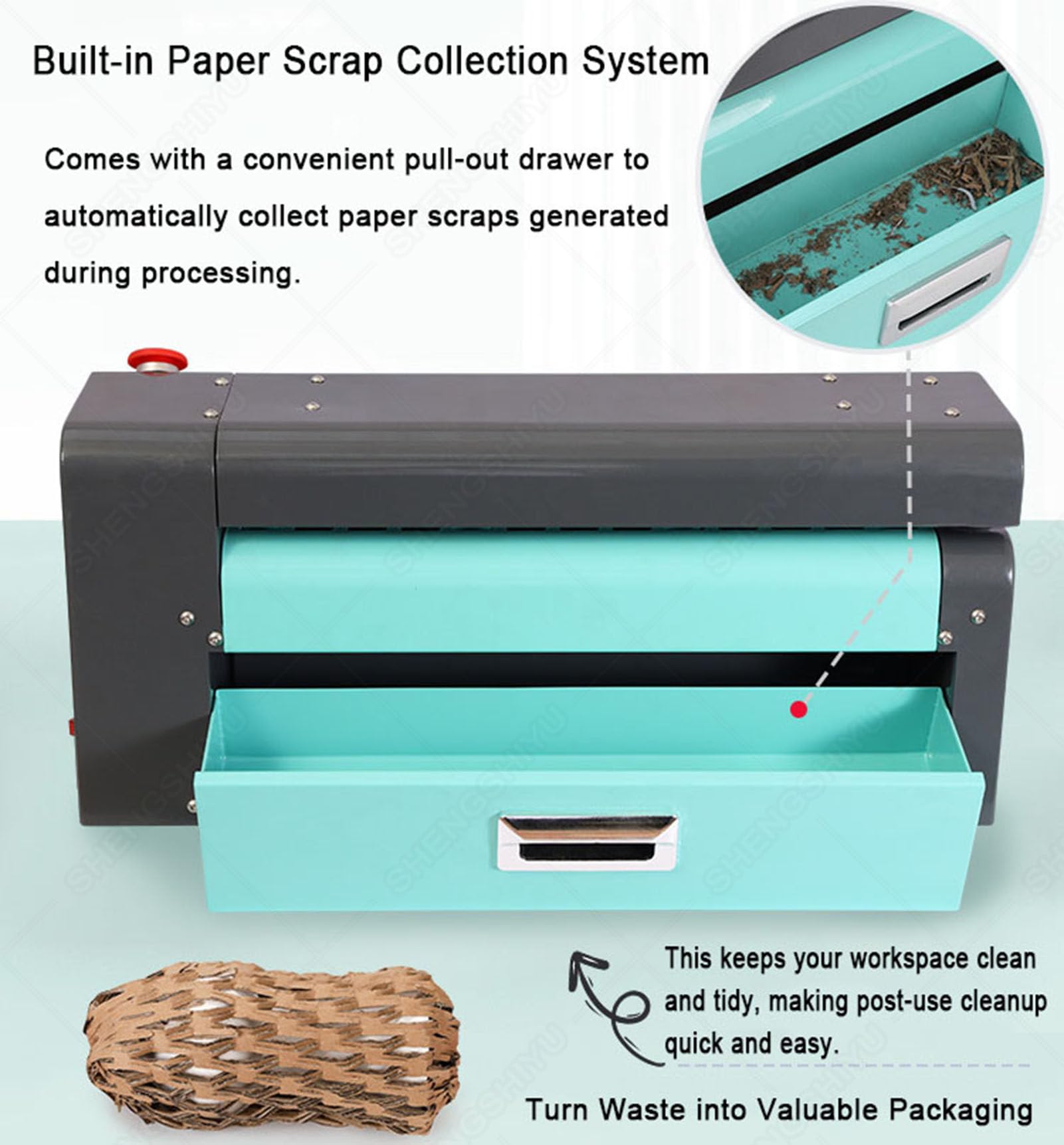 Trituradora de Cartón Alveolar,Trituradora de Papel,Procesa Cartón Ondulado hasta 10 mm,Ancho de Corte 350mm,Velocidad 5 m/min,Cortador de Cartón Ondulado 370W con Cajón de Residuos