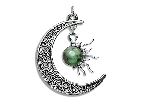 Faceted Colombian Emerald 1/2 Sunburst Wire Pendant in Celtic Crescent Moon- Black Niobium/Silver/Steel/Copper/Bronze/14K Gold, 14K Rose Gold-