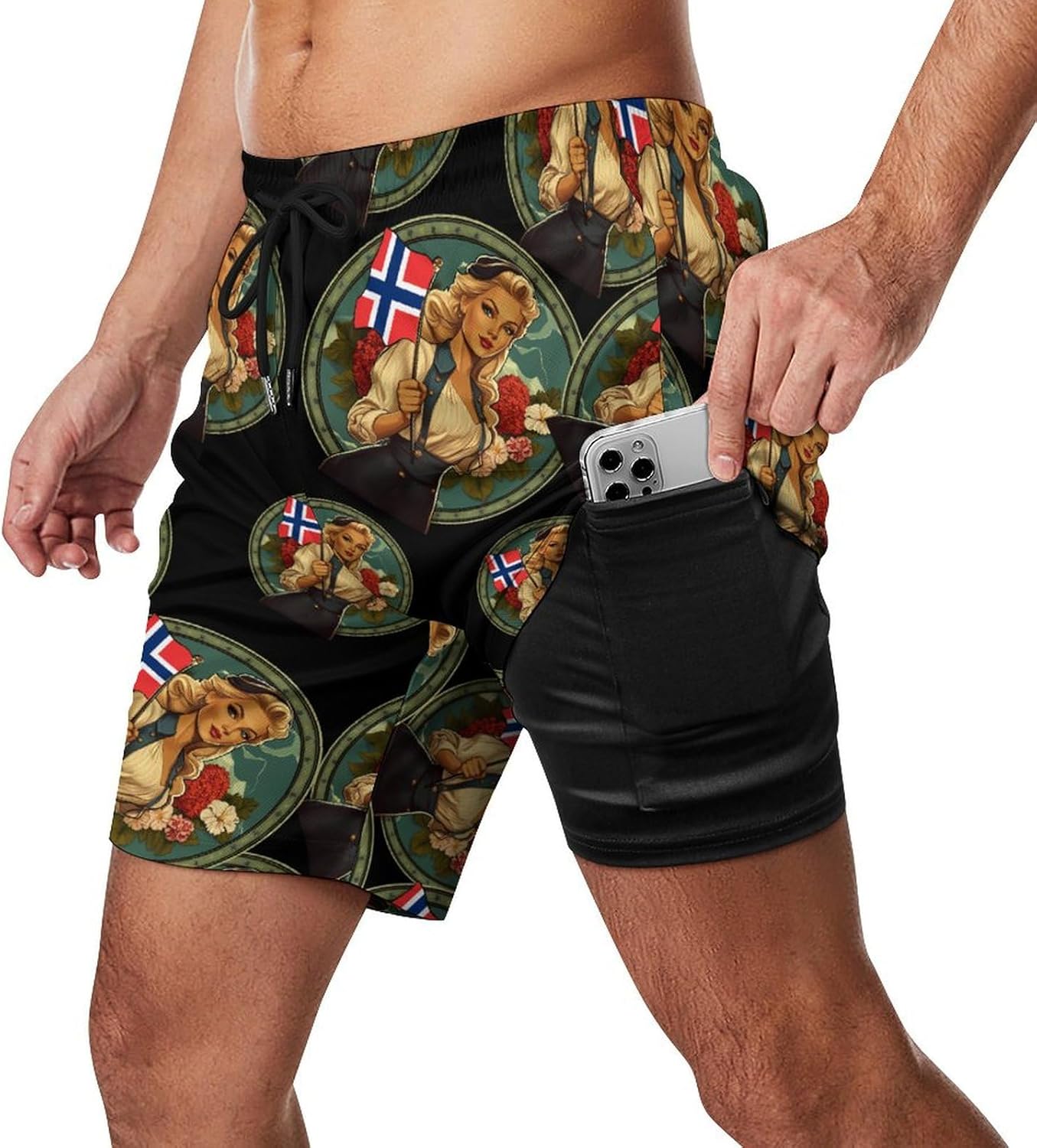 Norwegian Bunad Girl Flag Mens Swim Trunks Summer Beach Shorts Board Shorts Swimwear Bathing Suits with Pockets