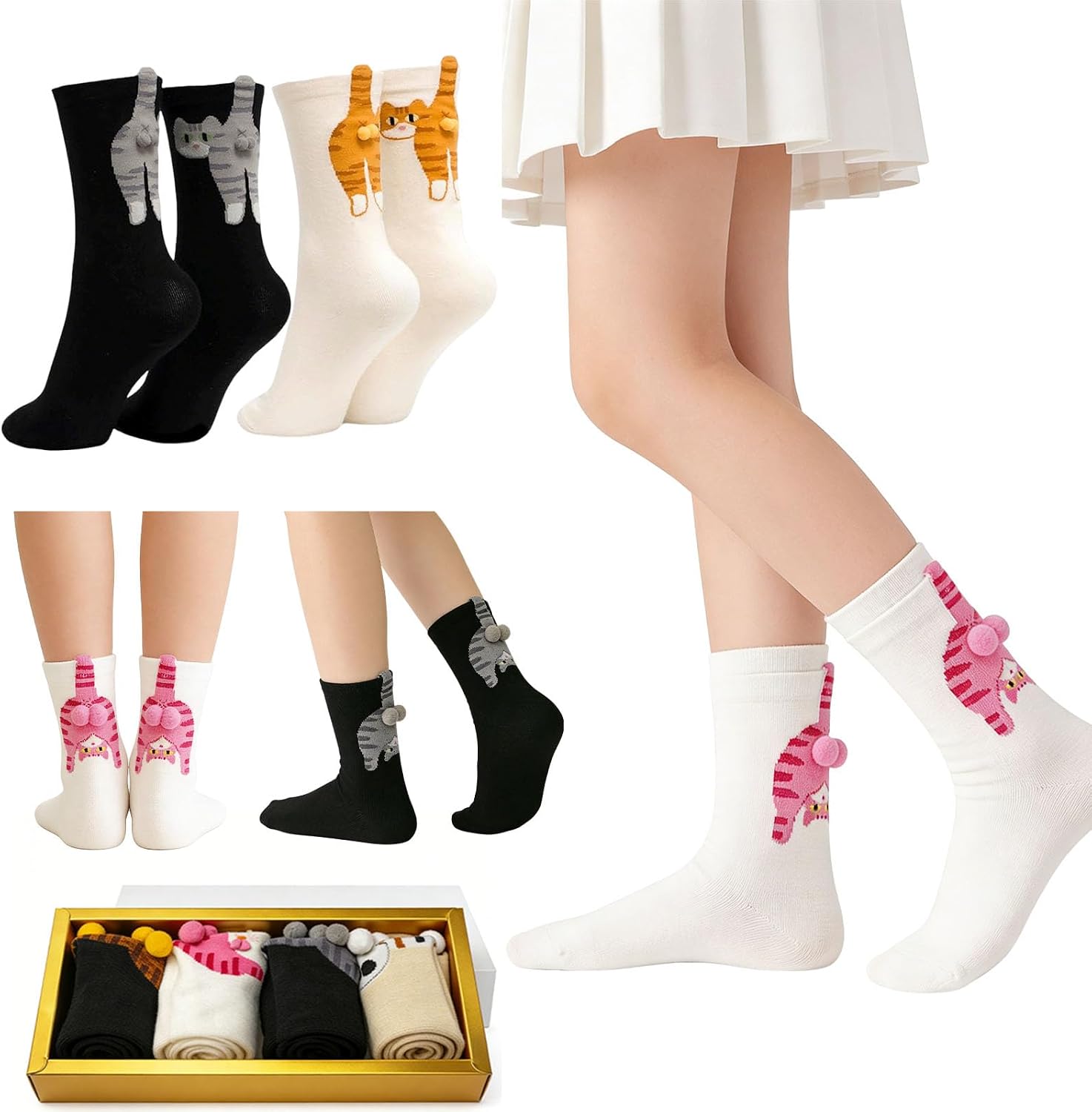 Cute Cat Socks for Women Novelty Funny Cat Cotton Crew Socks with Balls - Top Birthday Gifts for Mom Girls Friend