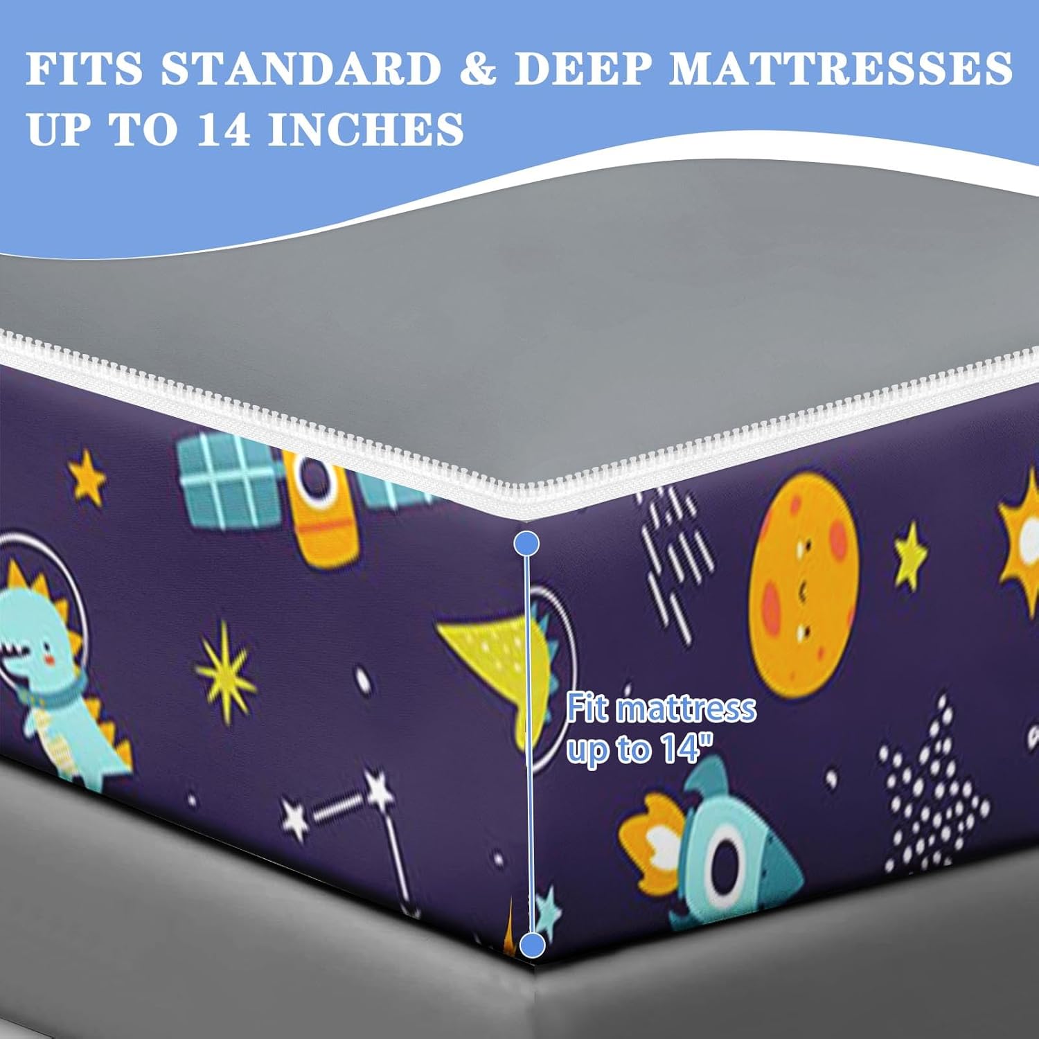 Nesker Full Zipper Bedding, Astronaut Dinosaur Zipper Bedding Sets for Boys, 3pcs All in on one, Funny Space Dino Planet Kids Comforter Set with Fitted Sheet and 2 Pillowcases - Image 7