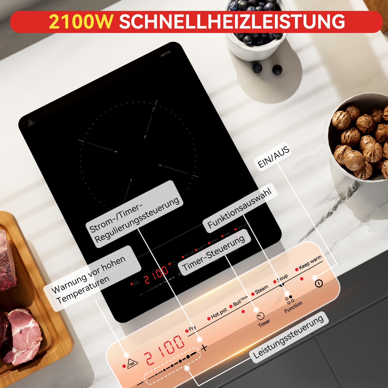 Hermitlux Induktionskochfeld 1 Platte 2100W 28cm mit Timer Touch-Steuerung 9 Leistungsstufen Kindersicherung Glaskeramik
