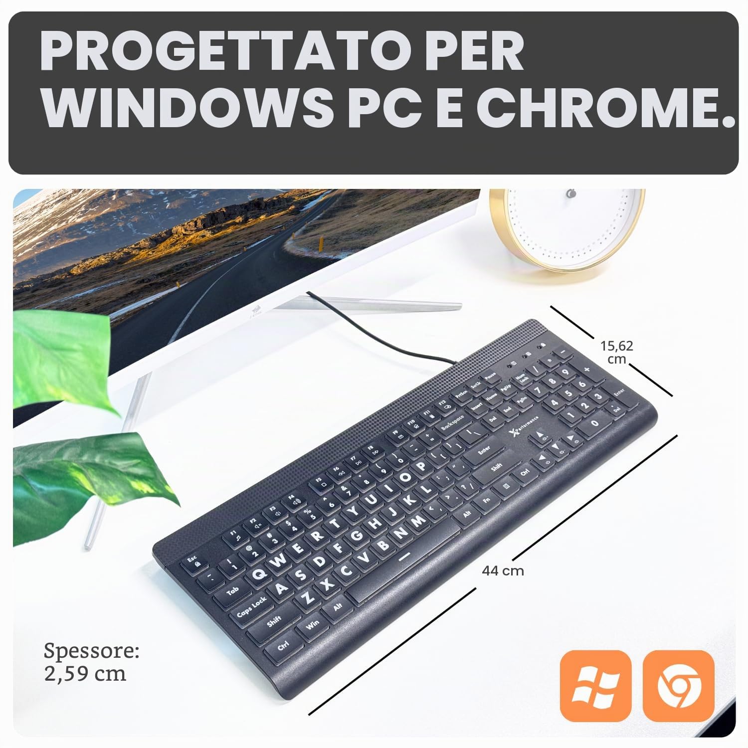 X9 Performance Tastiera retroilluminata di grandi dimensioni, facile da vedere, con cavo USB, layout a 107 tasti, 7 LED a colori, tastiera grande per ipovedenti, per PC Windows