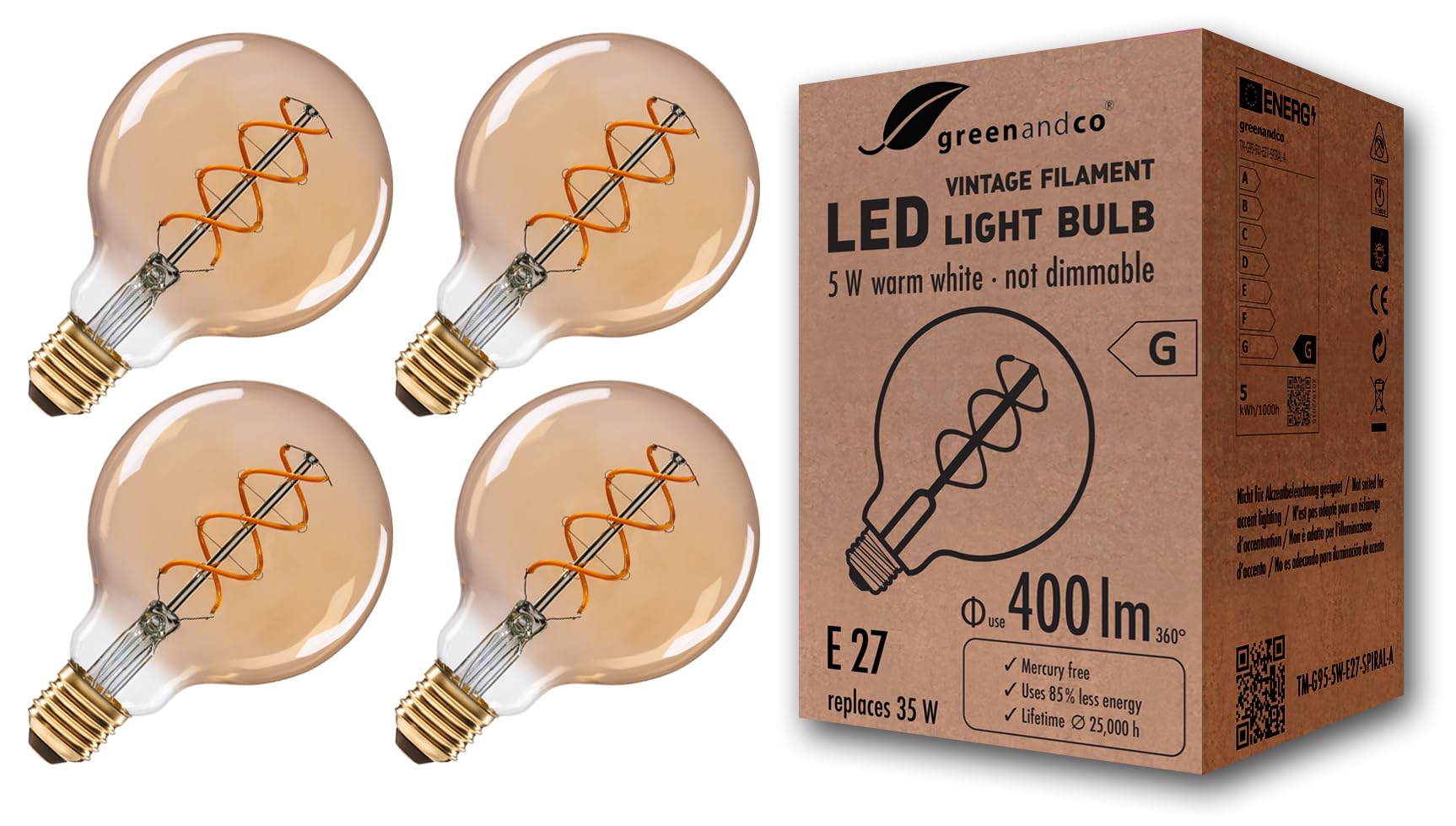 greenandco 4x Ampoule à Filament LED Vintage | ambre | E27 G95 | 5W 400lm | 2000K blanc extra chaud | 360° | 230V | sans scintillement | non-dimmable
