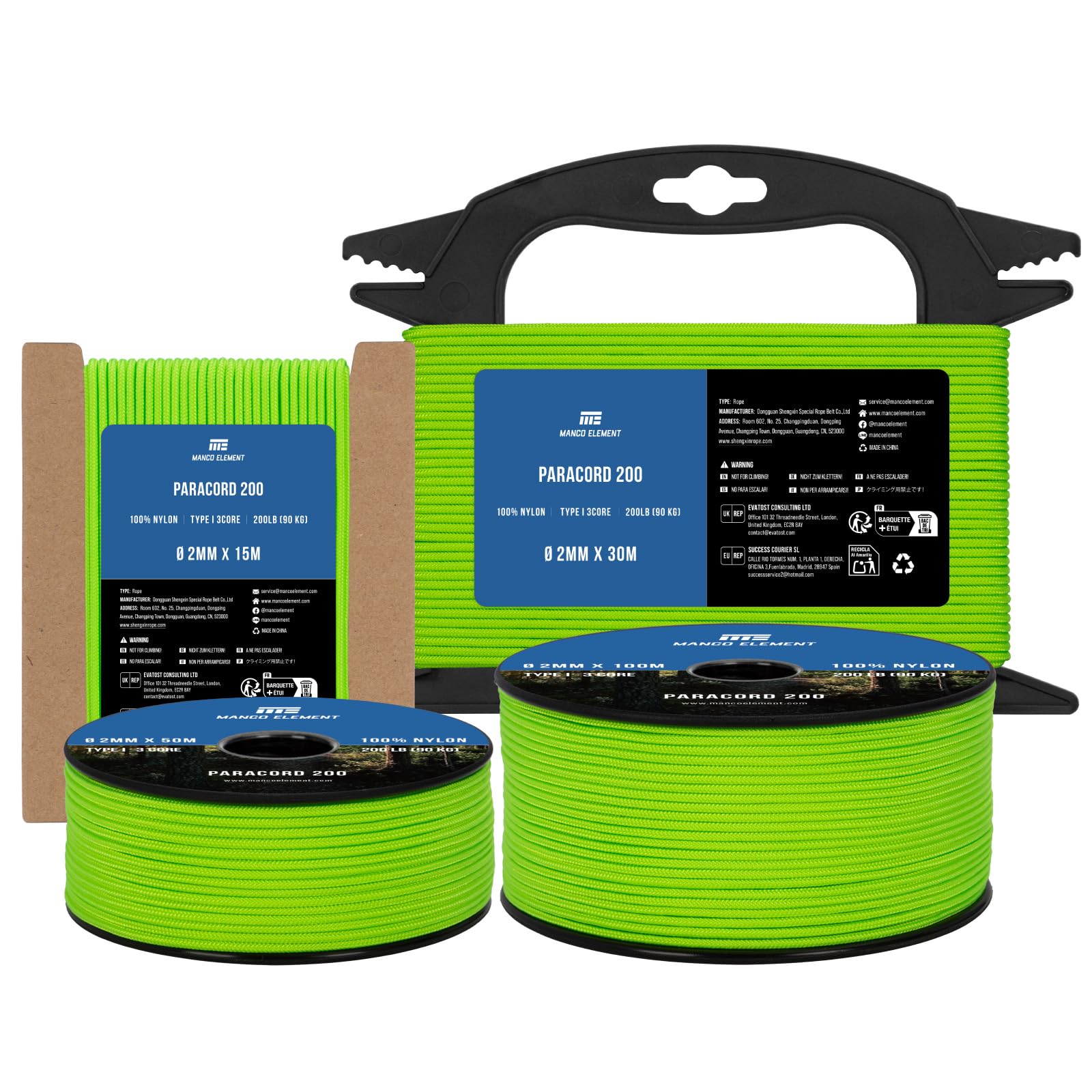 Manco Element Paracord 2mm 15m 3 Strands Type I Neon Green | 100% Nylon Parachute Cord Rope | 90KG Load Capacity - Ideal for DIY, Crafting, Outdoor, Camping
