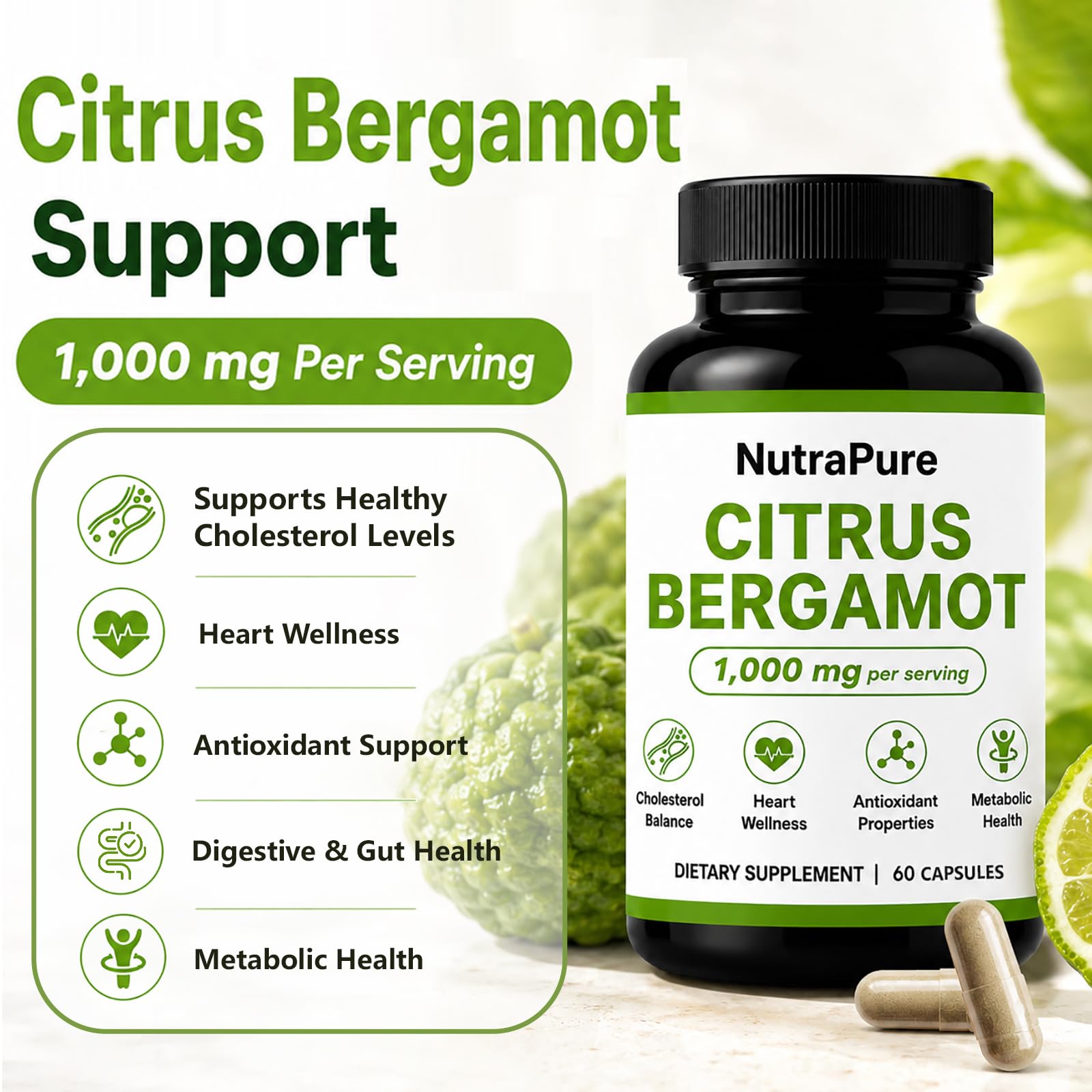Nutrapure Citrus Bergamot Capsules - 1000mg Pure Citrus Bergamot Supplement Supports Healthy Cholesterol Levels & Heart Health, Boosts Immune, Digestive & Gut Health, 60 Capsules (1) — Amazon image 2