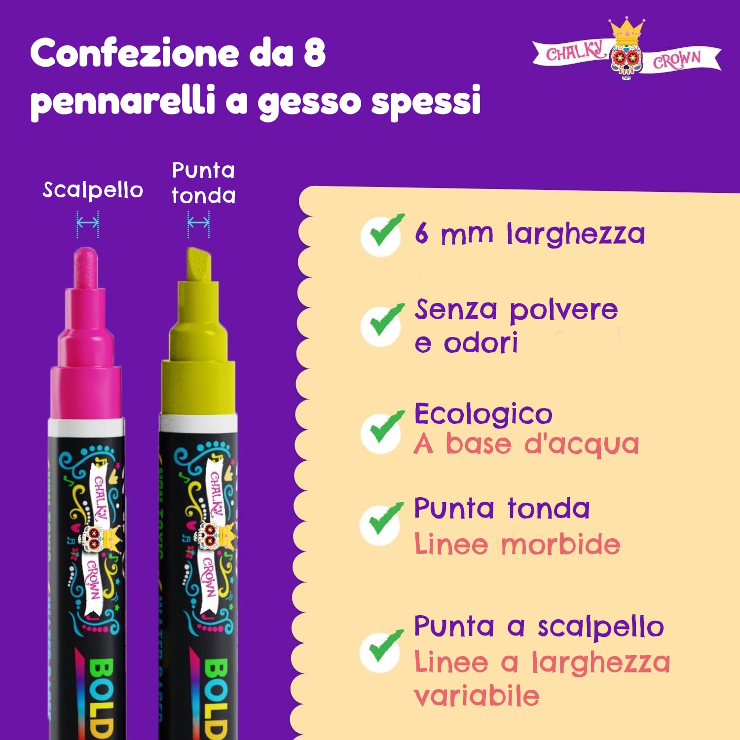 Pennarello Lavagna Cancellabili Punta Grossa 6 mm 8 Pezzi - Colori Intensi Punta Reversibile - Chalky Crown