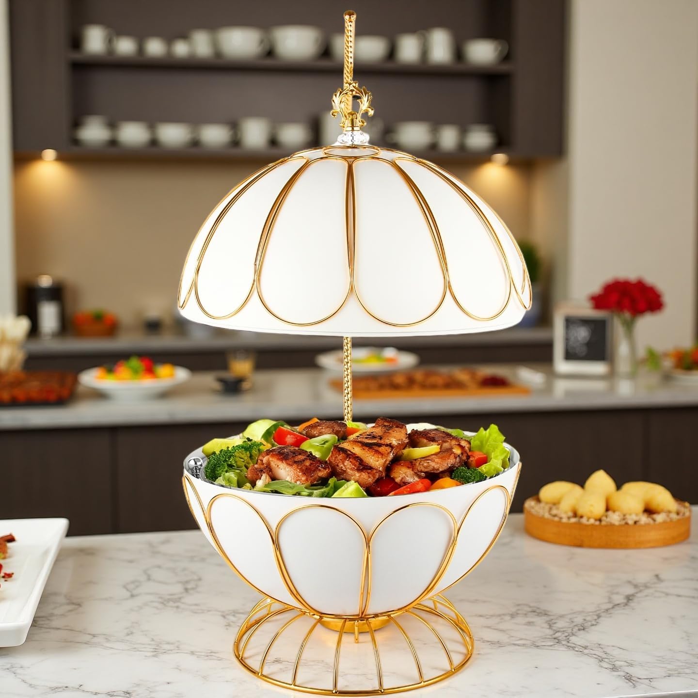 8L White Chafing Dishes for Buffet,Round Chafing Dishes with Hanging lid and Shimmering Gold Lines,Catering Supplies Buffet Display for Weddings, Parties, Catering & Events