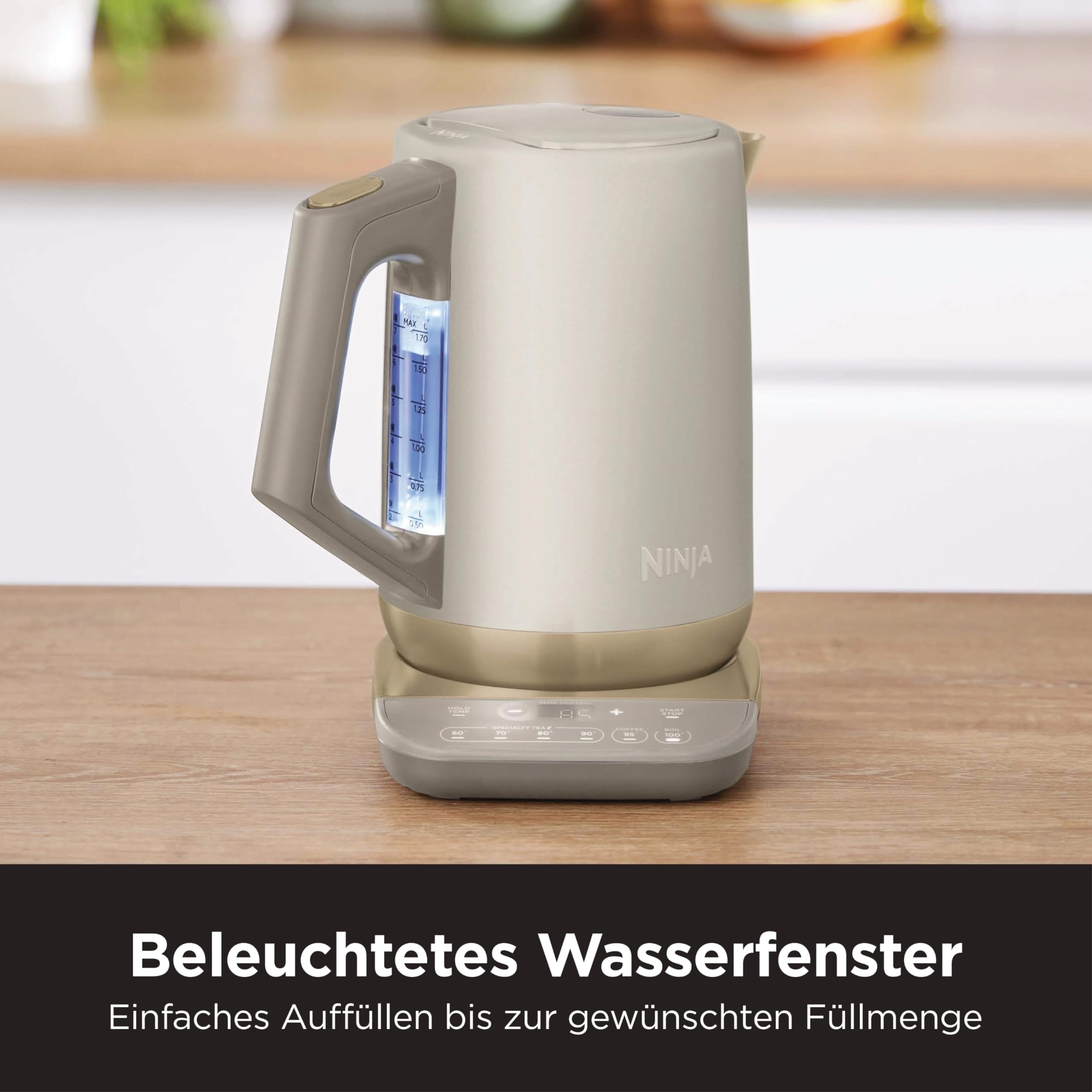 Ninja Perfect Temperature Wasserkocher, 1,7 l, Schnellkochfunktion, 6 Temperaturstufen, Warmhaltefunktion, Stonegold, KT201EUSTGD
