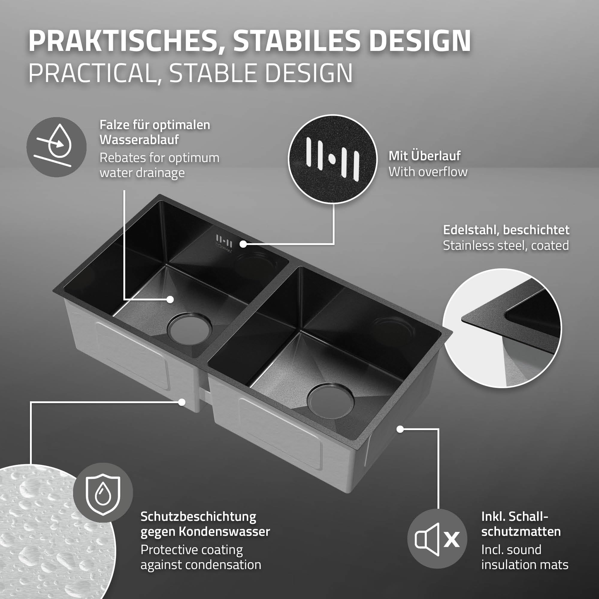 ML-Design Fregadero de Cocina Doble 81,5 x 40 cm de Acero Inoxidable Antracita Lavabo con 2 Cubetas y Sifón Rectangular Bajo Encimera con Juego de Desagüe y Rebosadero Resisten a la Corrosión