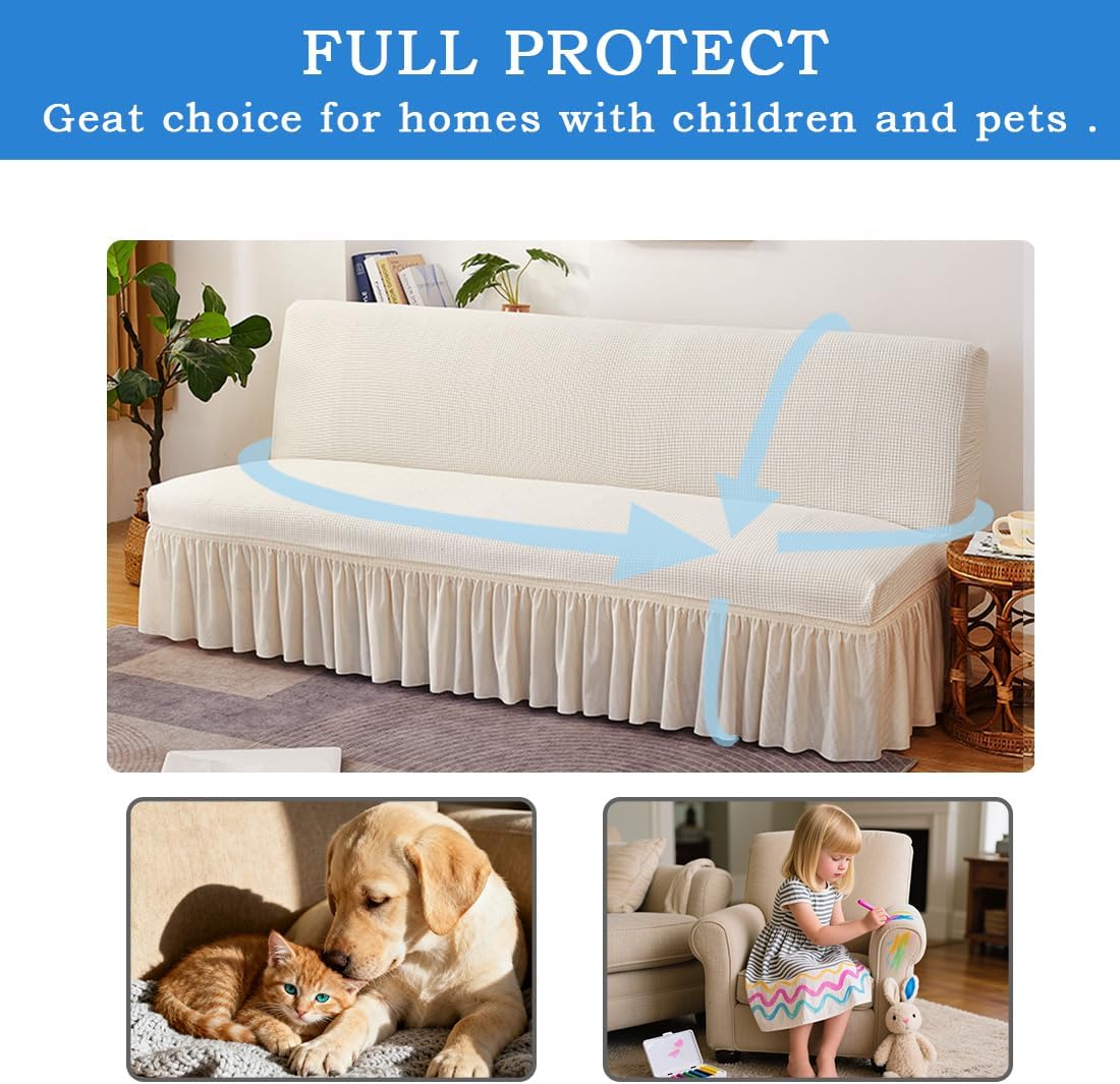 Futon Cover Slipcover Removable Armless Sofa Bed Slipcovers Full Size with Skirt Ruffled Knitted Futon Sofa Cover Furniture Bed Protector with Elastic Bottom M White