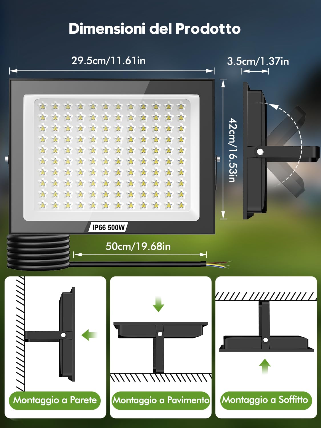 Faretto LED da Esterno 500W 2 Pezzi,50000LM Super Luminoso Faro LED Esterno,6500K Bianca Fredda Faretti LE𝐃 Estern𝐨,IP66 Impermeabile Fari LE𝐃 da Estern𝐨 per Cortile, Giardino, Terrazza, Garage