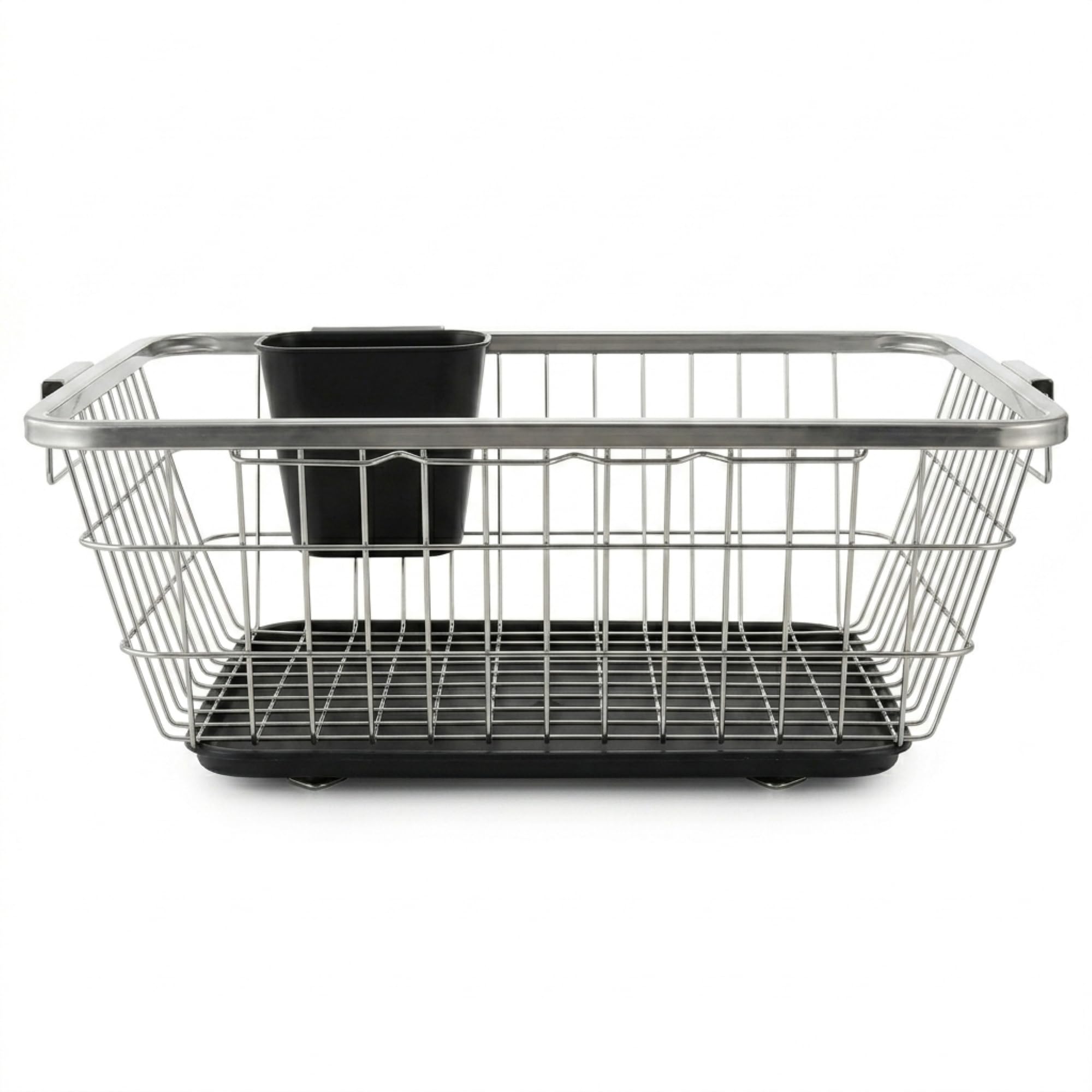 Amazon Brand - Solimo 3-in-1 | Large Stainless Steel Dish Rack with Plastic Drainer | Cutlery Holder & Handle | Utensil Basket & Kitchen Dish Drying Rack Organizer (Steel - Black)