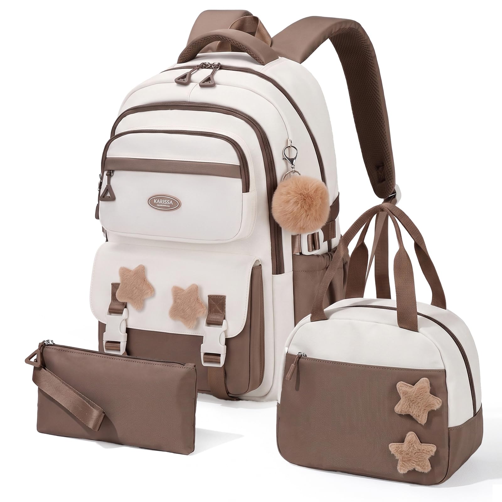 Amythe Schulranzen Mädchen Set mit Lunchpaket Mäppchen, Braun | Schultasche Set für Mädchen 2. - 5. Klasse mit Reflektoren, Schulrucksack Teenager mit Trolley-Gurt, Mehrere Fächer
