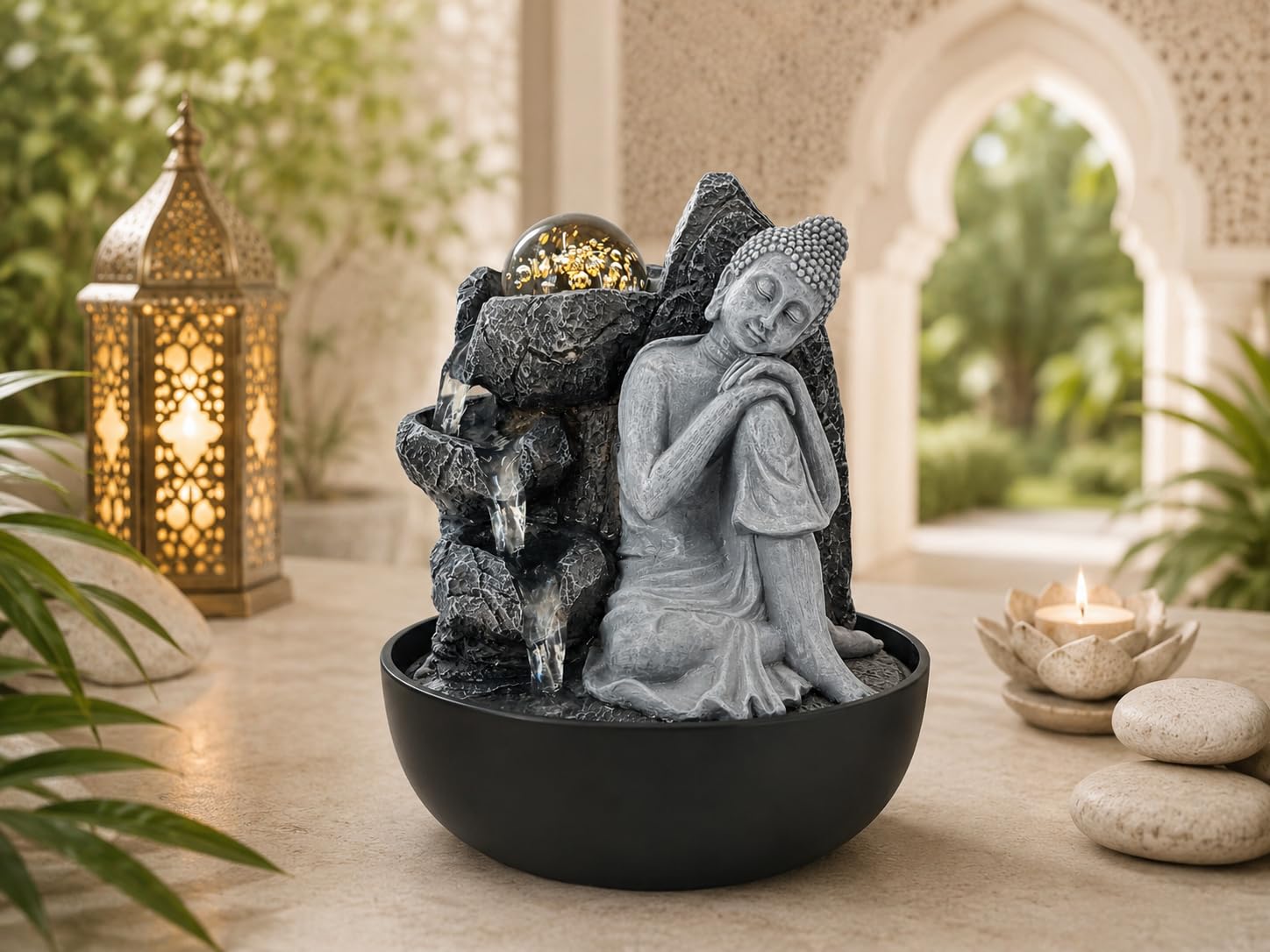 Contemplation - Fuente de agua interior con luz LED | Tamaño 13,3 x 13,3 x 18 cm | USB |