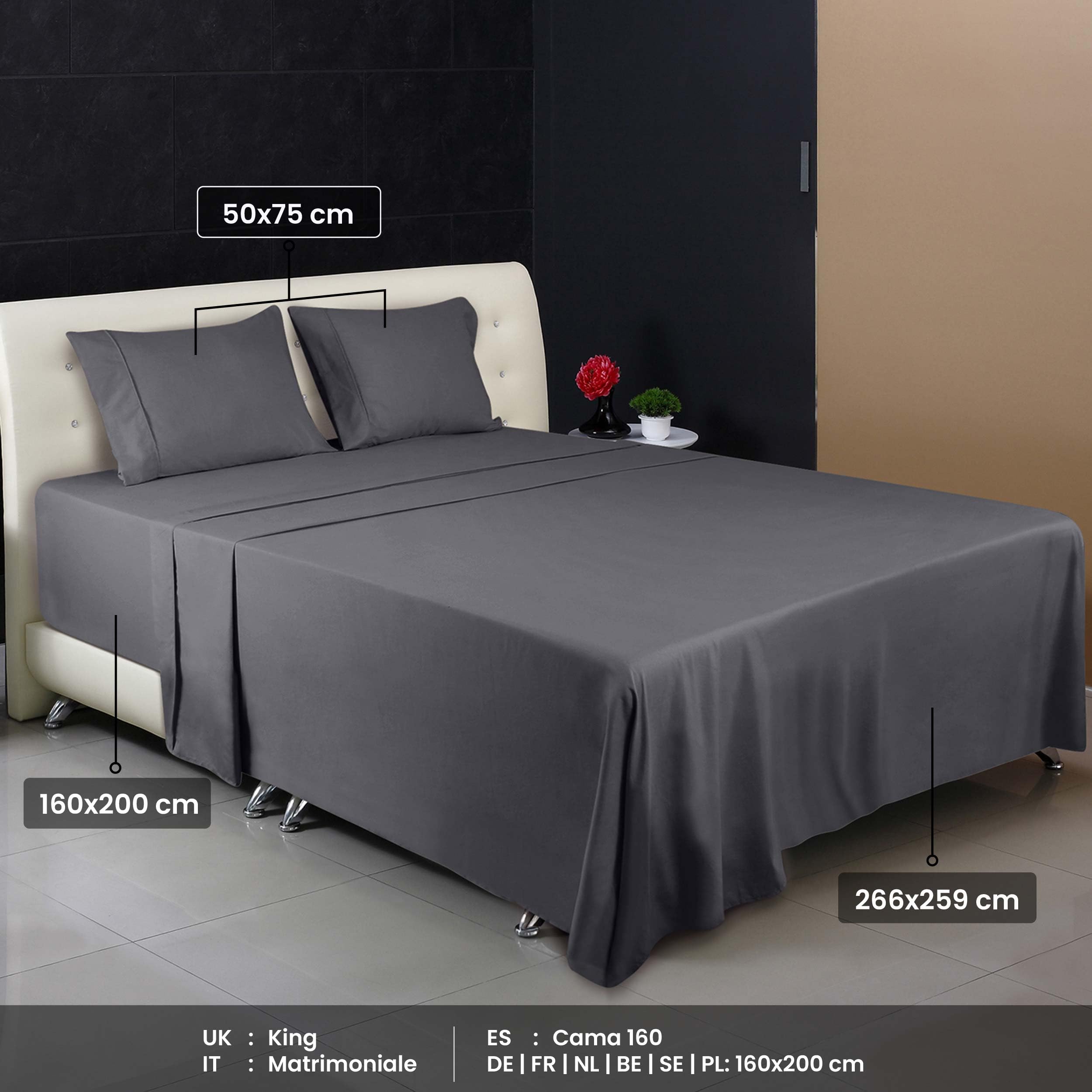 Utopia Bedding - Set Lenzuola Matrimoniali 4 Pezzi 160x200 cm - Set Lenzuola Letto, Spazzolata Poliestre di Microfibra - Lenzuolo con Angoli, Lenzuolo Piatto e 2 Federe 50x75, Grigio