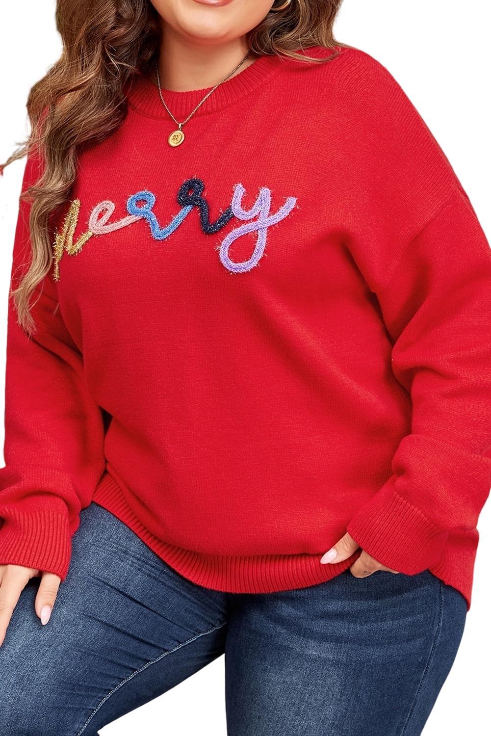 XAKALAKA Womens Sweater Fiery Red Tinsel Merry Pattern Drop Shoulder Plus Size Sweater Solid Casual Duster Cardigan