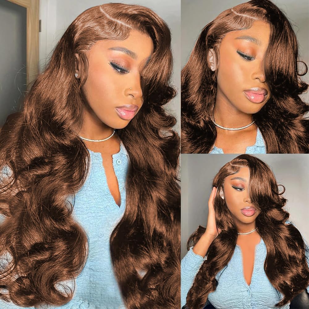 Chocolate Brown Body Wave Human Hair Wig For Black Women,13X6 HD Lace Front Wigs Human Hair Pre Plucked Natural Hairline,Brazilian Frontal Light Brown Glueless Colored Human Hair Wigs #4 20 Inch