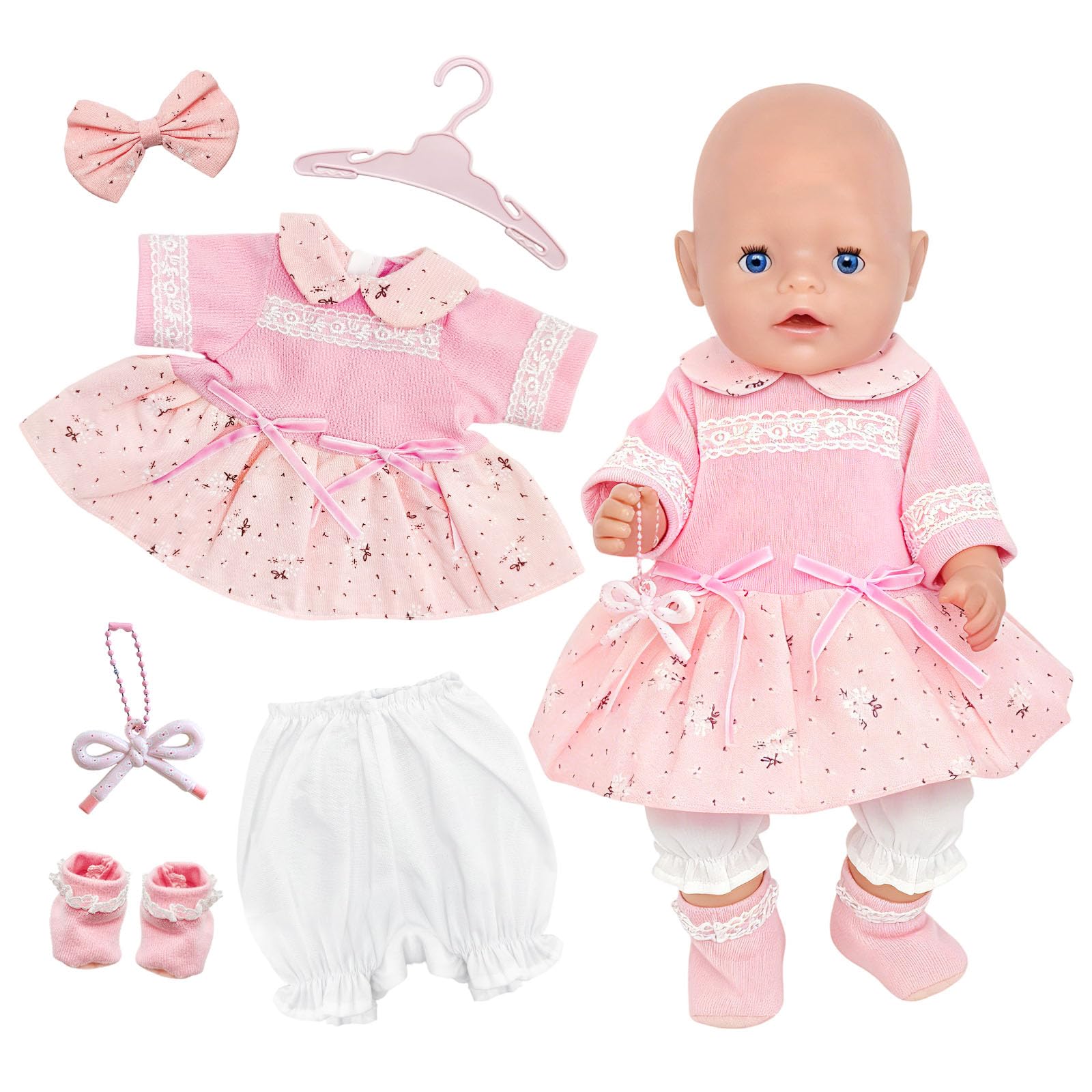 Baby Dolls Clothes For 14-17 Inch NewBorn Dolls, 6 Pcs Sweet Pink Baby Doll Outfits with Bow Princess Dress Shorts Clip Socks Bow Pendant Hanger for 30-43 cm Doll Clothes Girls Kids Birthday Gift