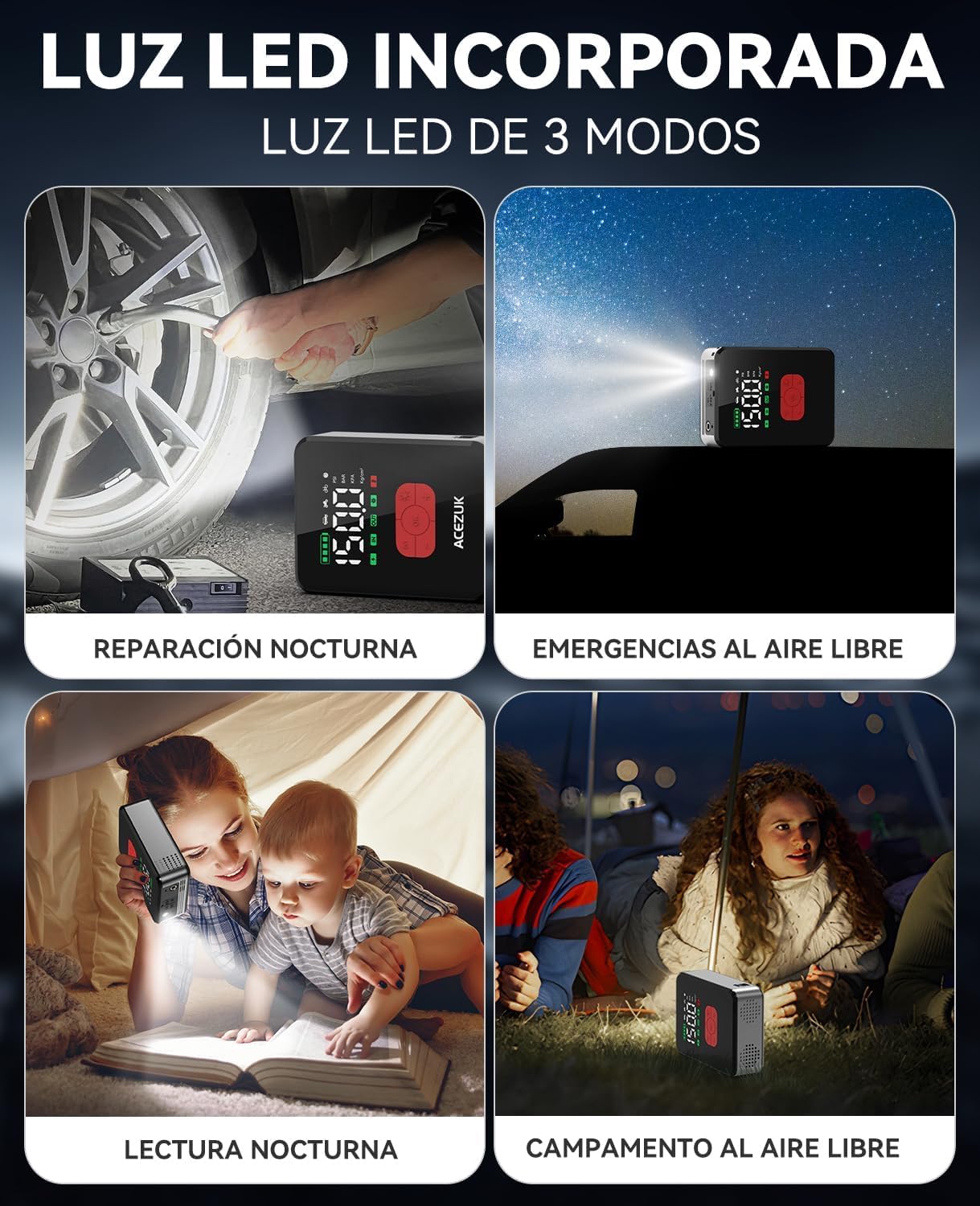 ACEZUK 7000A Arrancador de Baterias de Coche con 150PSI Compresor de Aire, Arrancador Coche Portatil con Inflador(Todo Gas o 12.0L Diésel), 12V Jump Starter, Pantalla Grande LCD, 600 Lúmenes LED