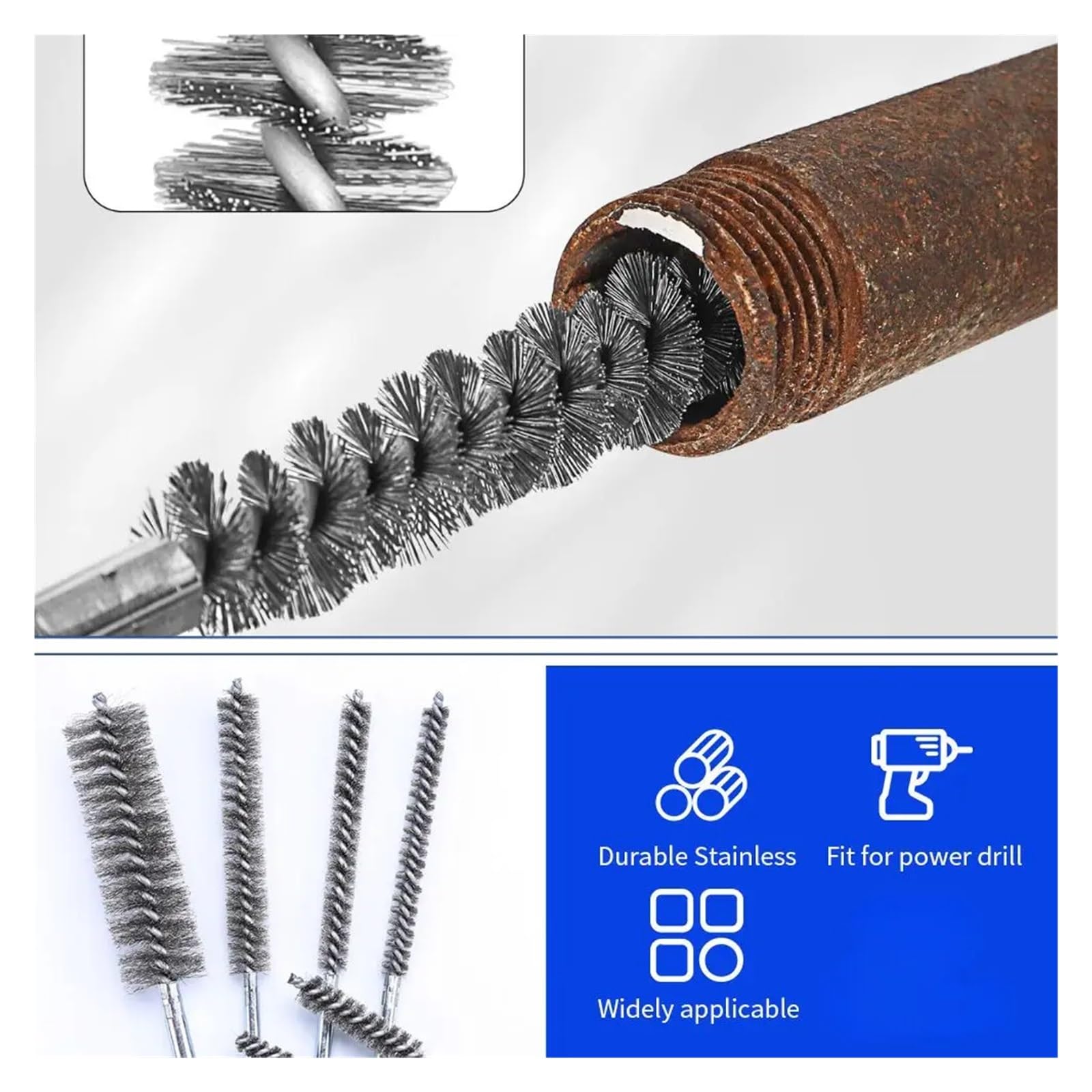 cepillo de alambre, Alambre de acero inoxidable en espiral for desbarbar tuberías eliminación óxido con taladro, herramientas manuales(Diameter 15mm)