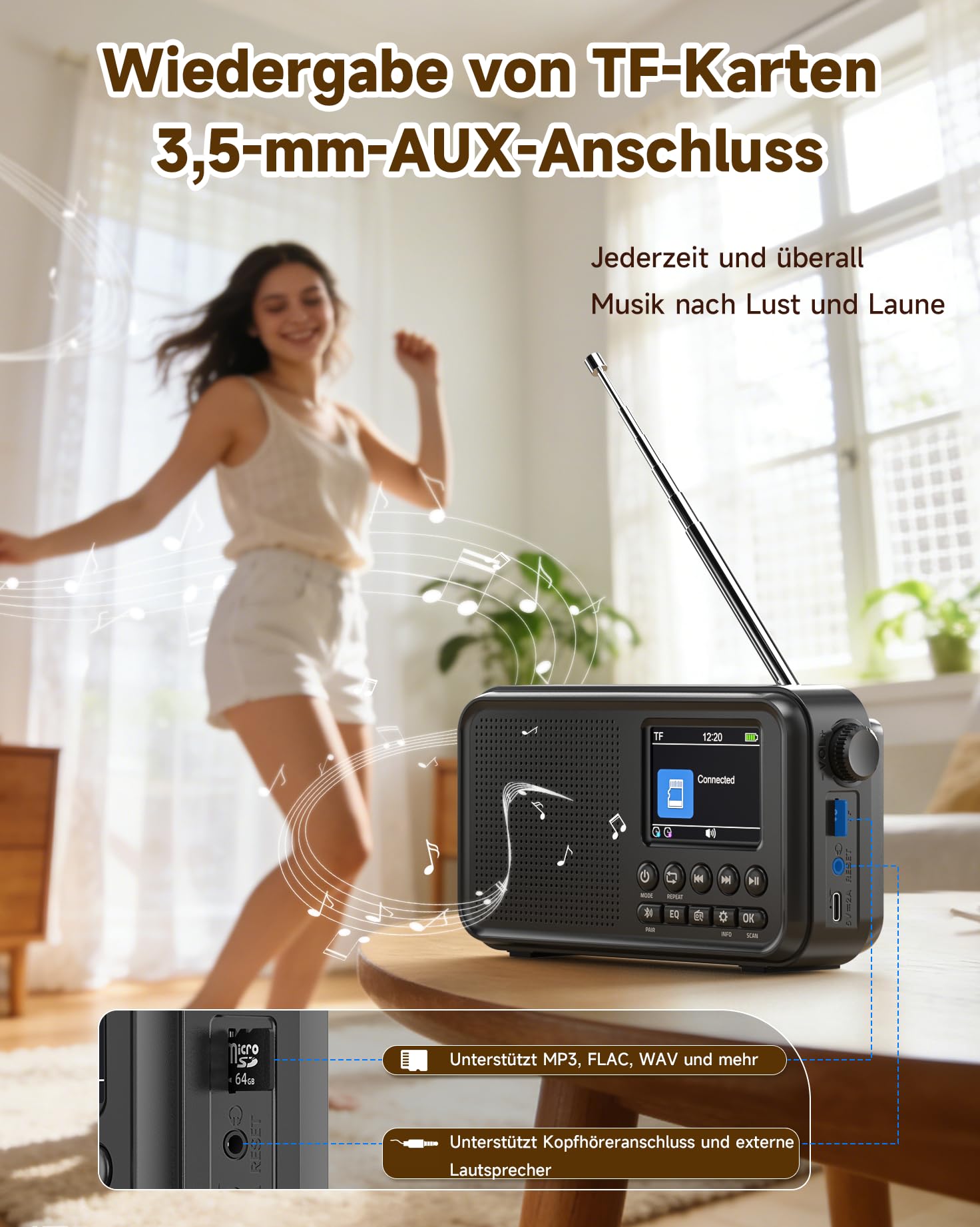 Roxicosly Tragbares DAB/DAB+ Radio, 80 Voreingestellte, UKW Digital Radio mit 3000-mAh Akku, Küchenradio mit Bluetooth 5.0, EQ-Modi, Sleep-Timer, Snooze, TF/3,5-mm AUX Anschluss, Doppelalarm