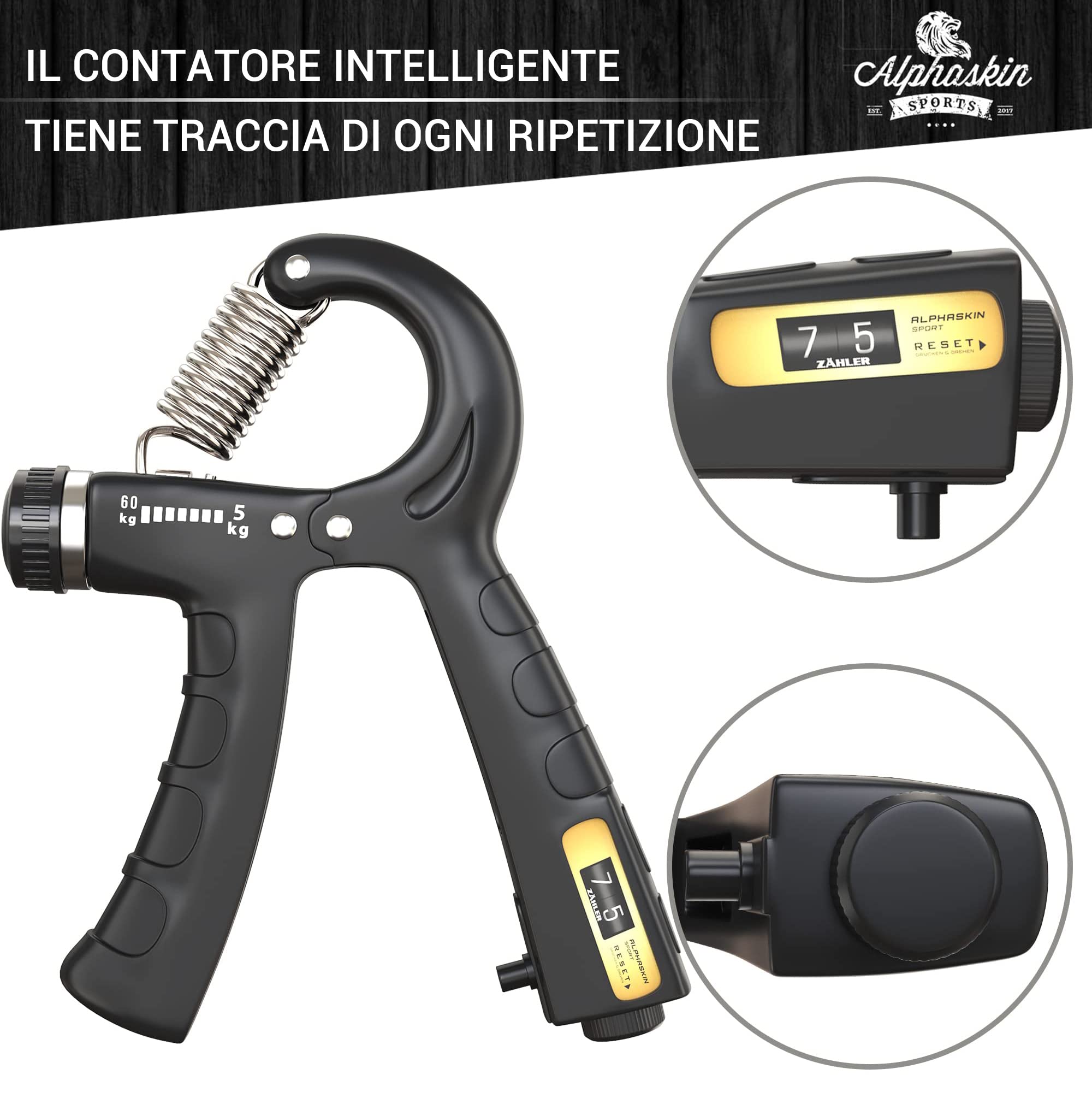 ALPHASKIN© Allenatore della Mano | Hand Grip | Allenatore della Forza della Presa | Set da 2 o Set da 5 | Attrezzi Palestra | Attrezzi Palestra casa