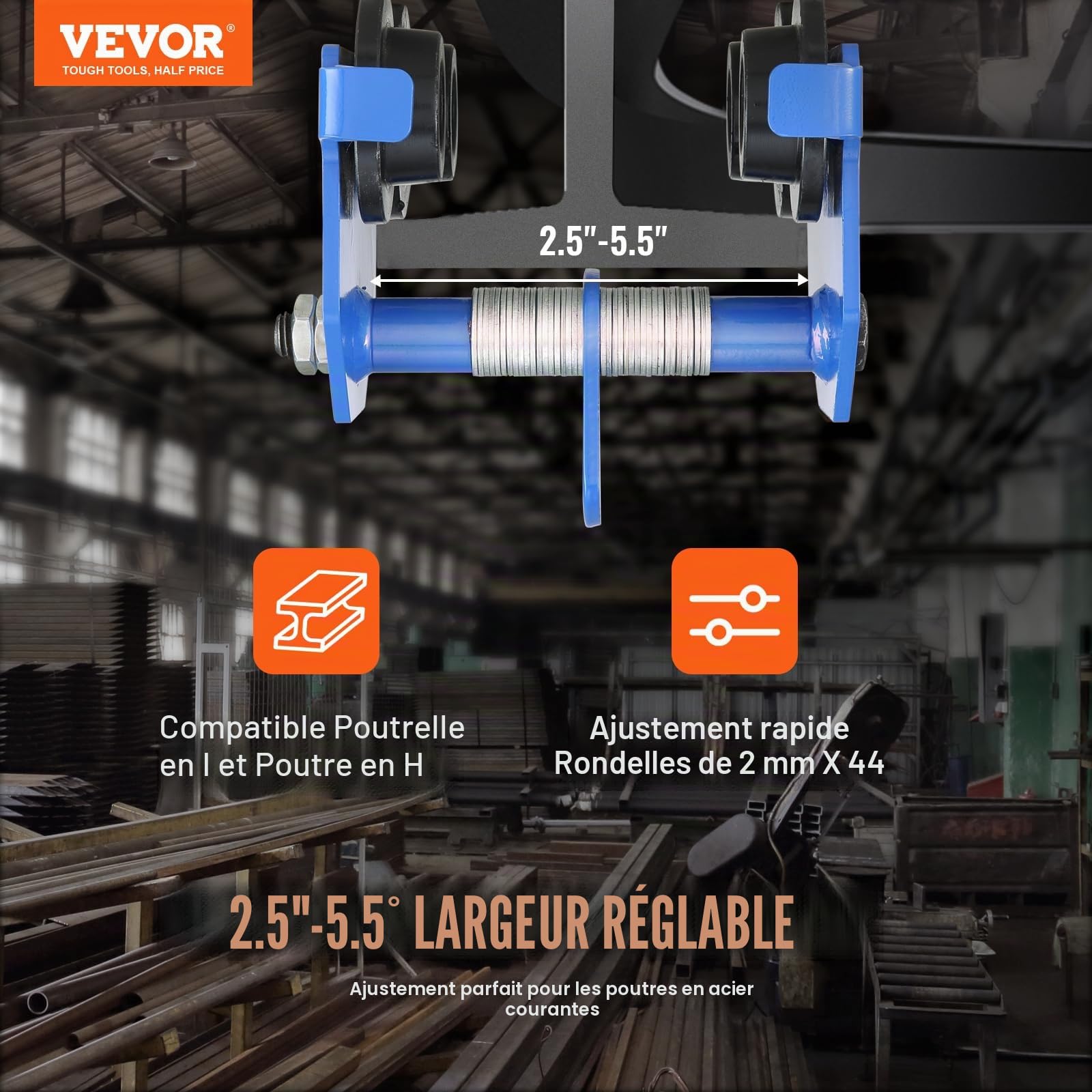 VEVOR Chariot Porte-palan Manuel, Charge 0,5 Tonne, Chariot à Poutre poussée 2 Roues, réglable pour Largeur Poutre I 63,5-139,7 mm, palan de Garage en Acier allié pour Poutre en I Droite et incurvée