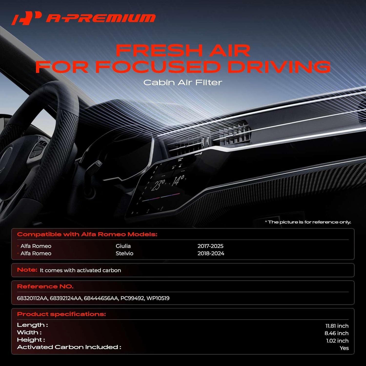 A-Premium Cabin Air Filter with Activated Carbon Compatible with Alfa Romeo Giulia 2017-2025, Stelvio 2018-2024