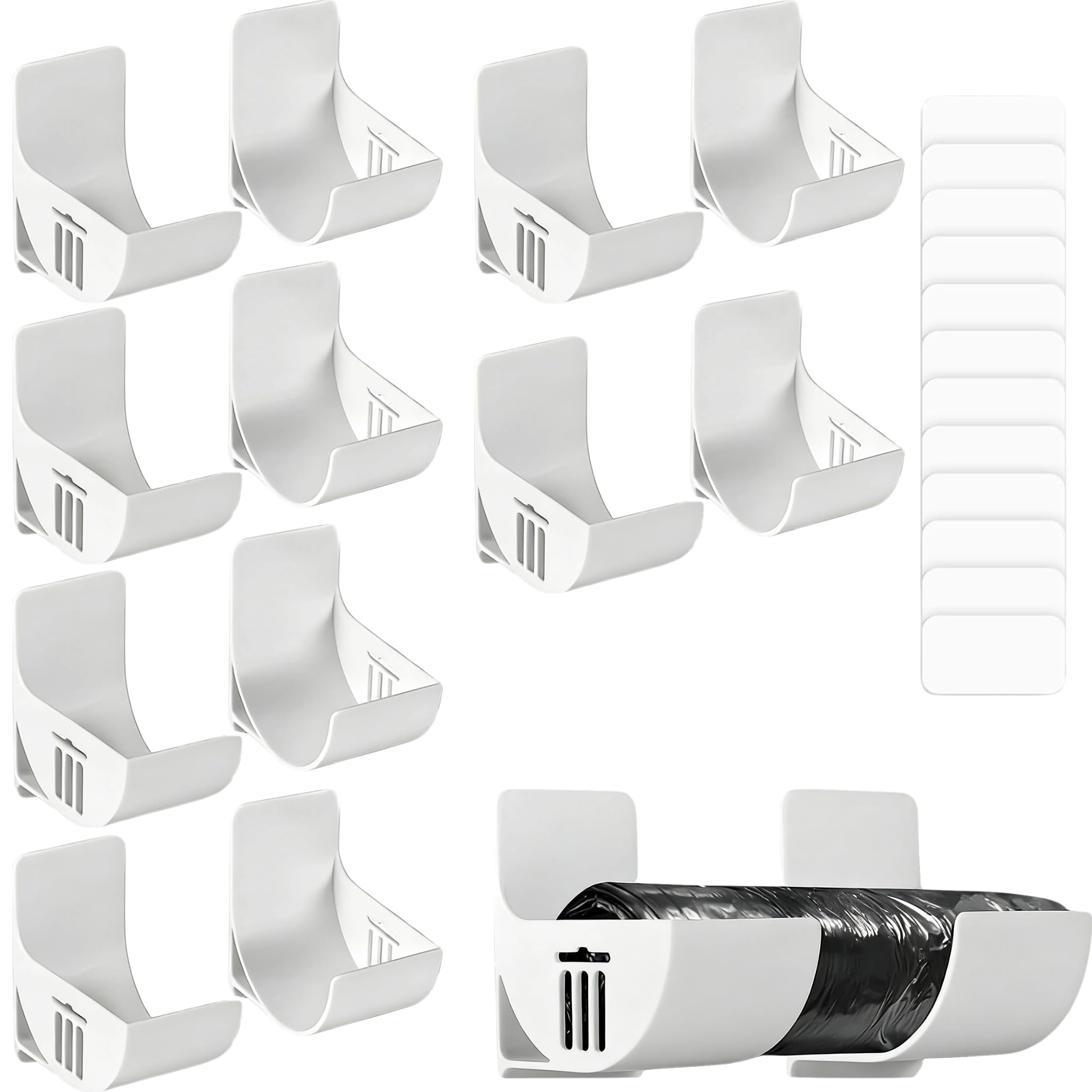 ROVENLIFEGO 6 Pairs Self-Adhesive Plastic Bag Holder & Bin Bag Holder,Foil &Cling Film Dispenser, Wall Mounted Cupboard Door Storage Kitchen Foil Organiser, No Punching Trash Bag Holder (White