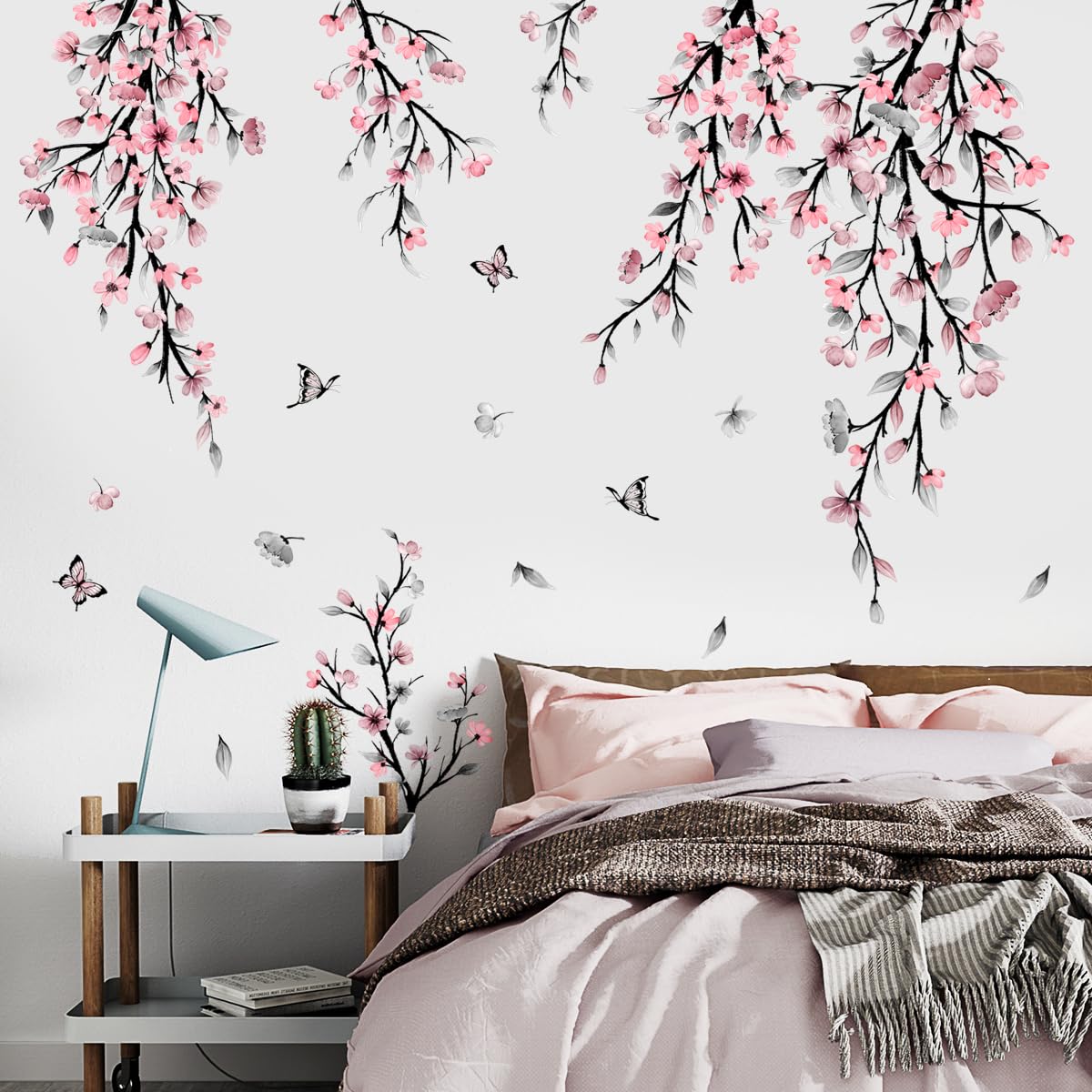 Large Watercolor Flower Vine Wall Stickers, Vinyl Flower Tree Branch Decals - Living Room, Bedroom & TV Wall Decor (Pink)