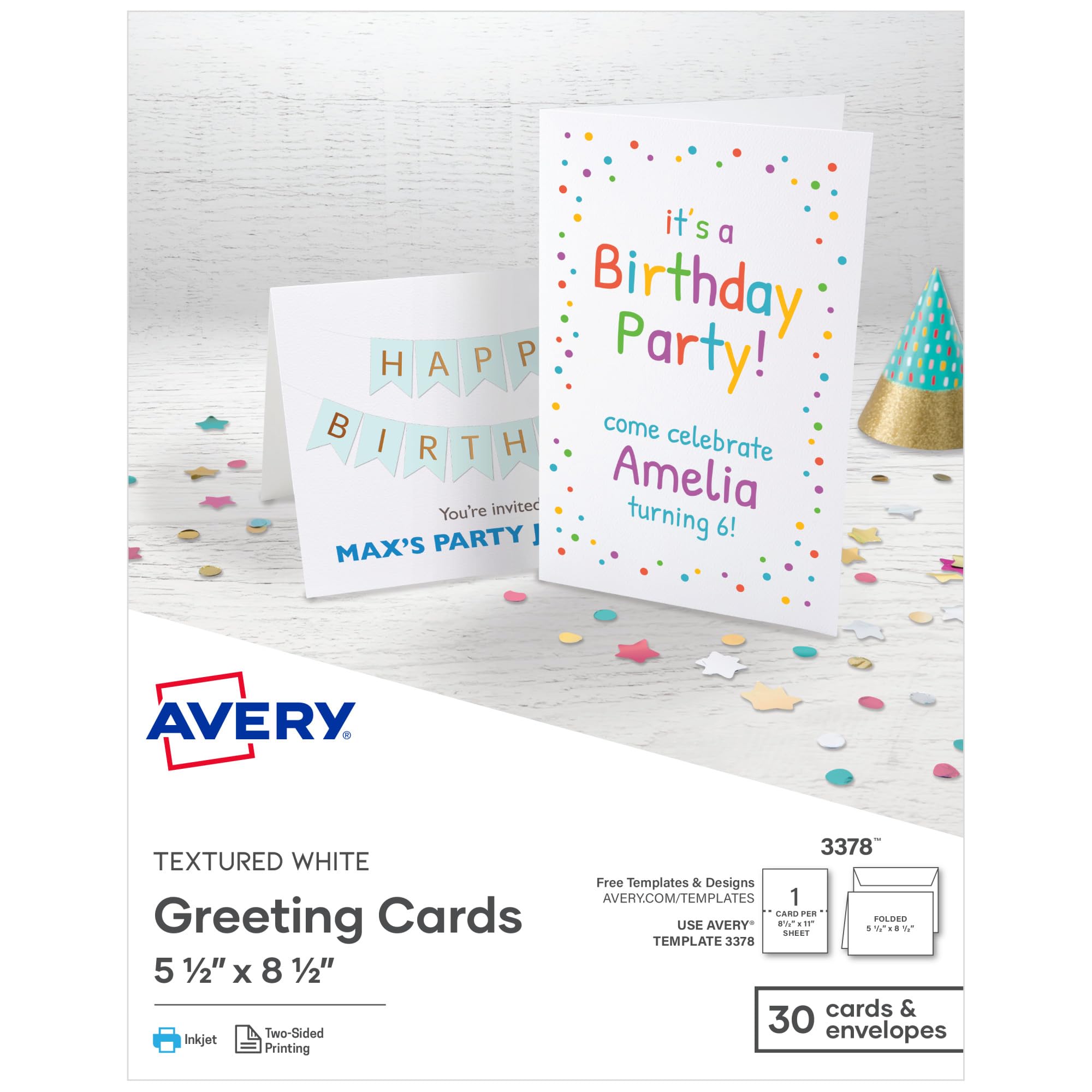 Avery Printable Greeting Cards, Half-Fold, 5.5" x 8.5", Textured White, 30 Blank Cards with Envelopes (3378)