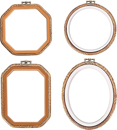 Caydo Juego de 4 aros de bordado, marco de exhibición de madera sintética, círculo, rectangular, octogonal, punto de cruz, aro para coser