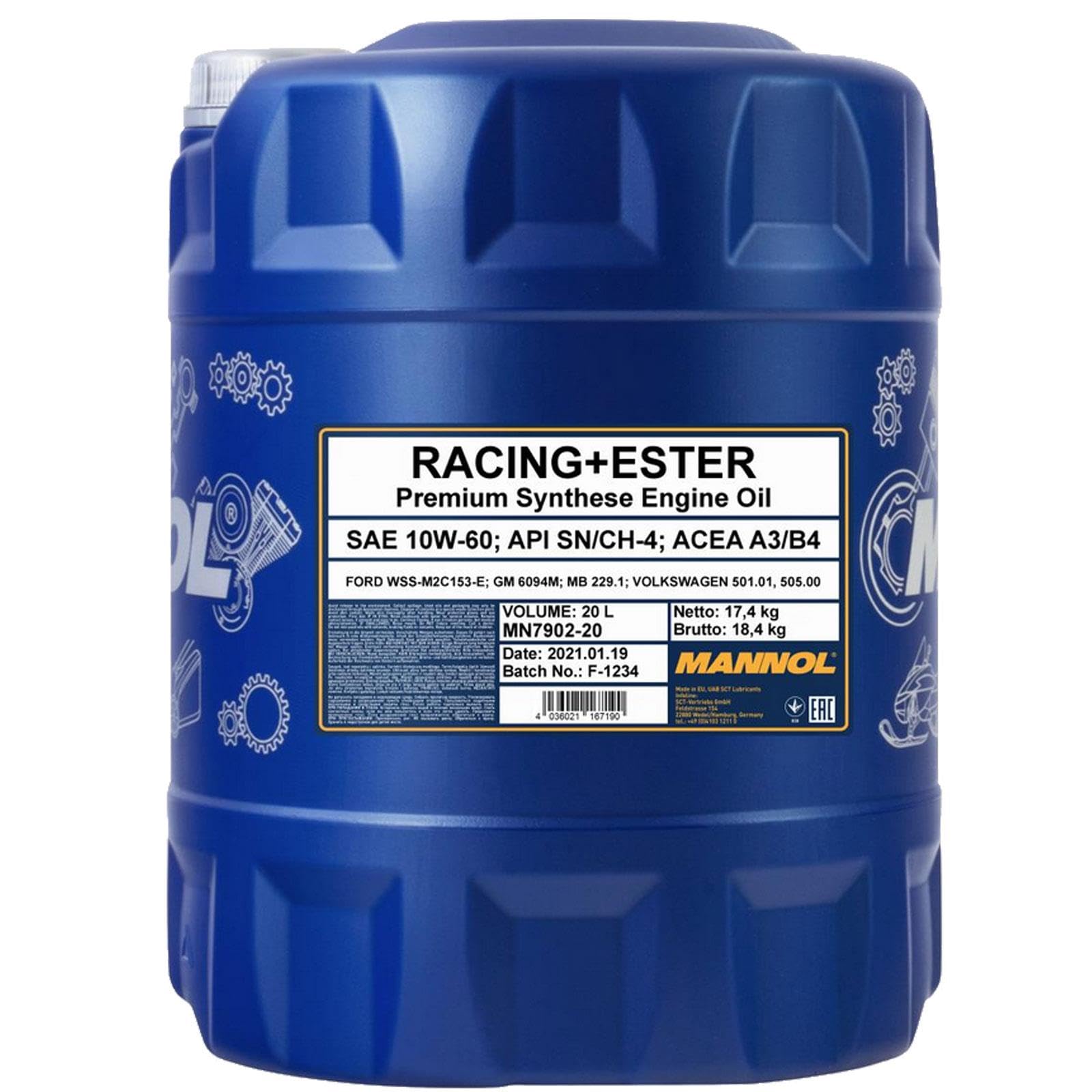 MANNOL Aceite de motor 10W-60 RACING+ESTER Aceite sintetico ACEA A3/B4 API CH-4 API SN 20L Compatible con TOYOTA AYGO WNB1, KGB1, KIA RIO III UB, SKODA Fabia II Combi 545