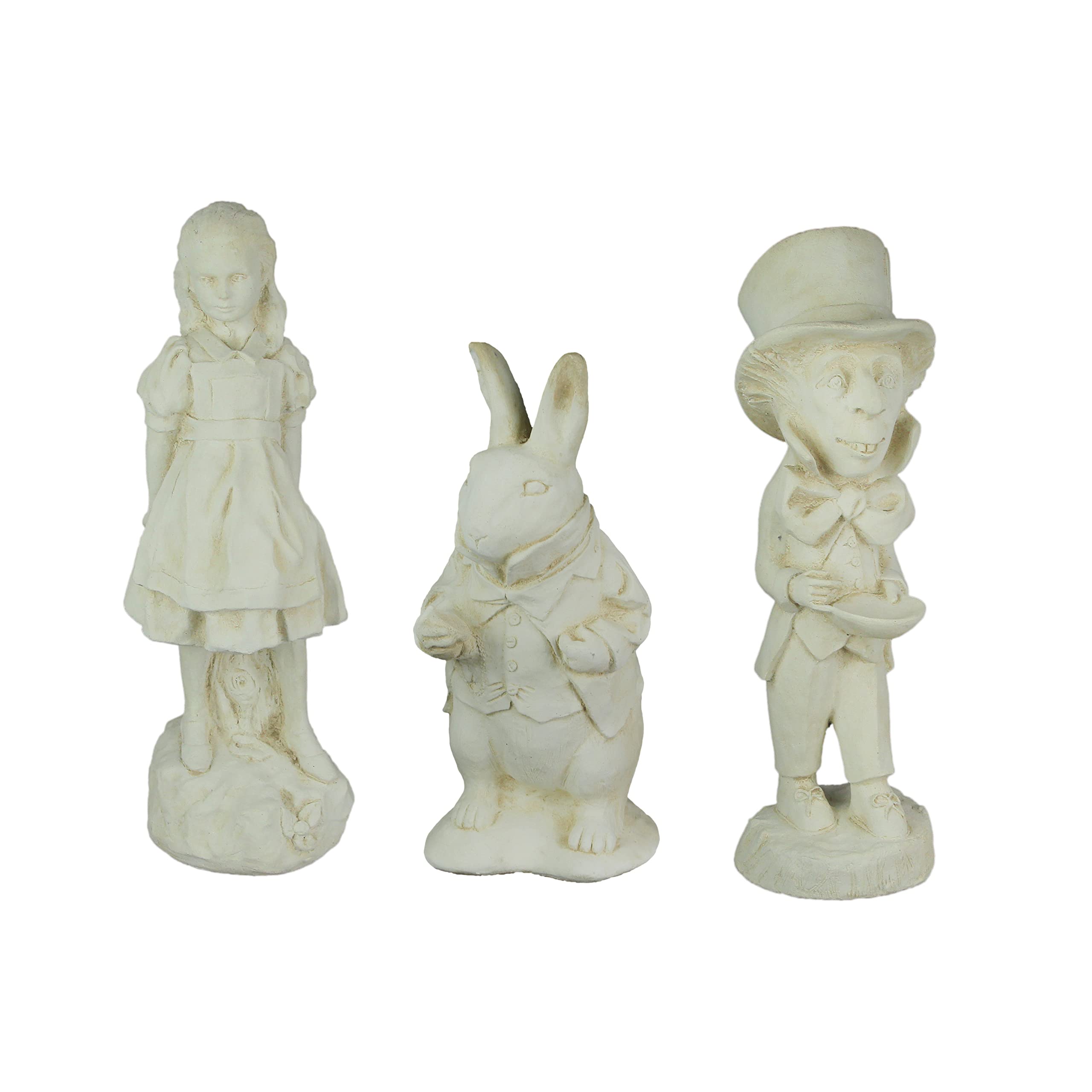 Things2Die4 3 Piece Alice in Wonderland, White Rabbit & Mad Hatter Antiqued White Solid Cement Statue Set