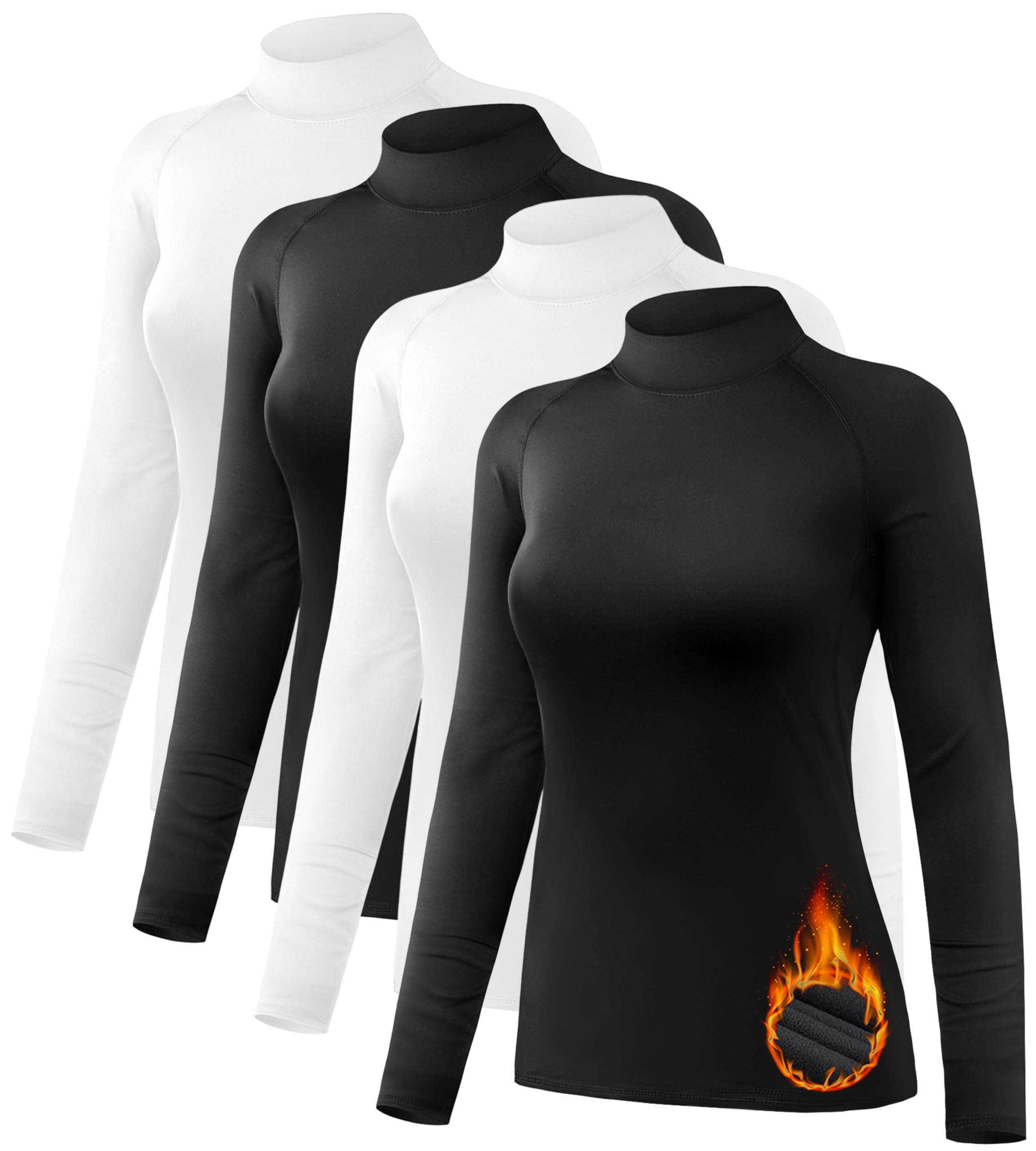 4 Pack Womens Thermal Shirts Fleece Lined Mock Turtle Neck Tops Compression Long Sleeve Athletic Base Layer