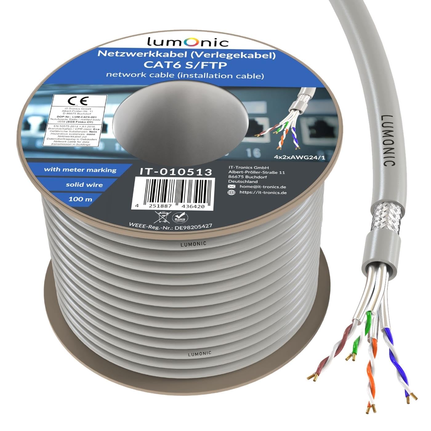 Lumonic LAN Câble de réseau 100m | LAN Câble CAT6 S/FTP | Câble d'installation 4x 2x AWG24/1 (solidr) | 250MHz 10 Gbit/s Ethernet