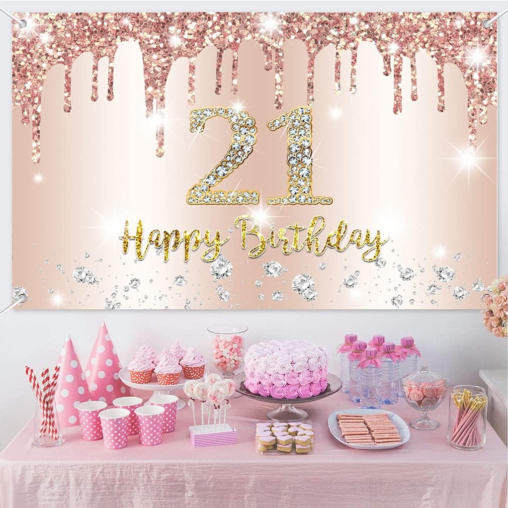 21st Birthday Decorations for Girl Women Happy 21st Birthday Party Decoration Backdrop Banner - Image 3